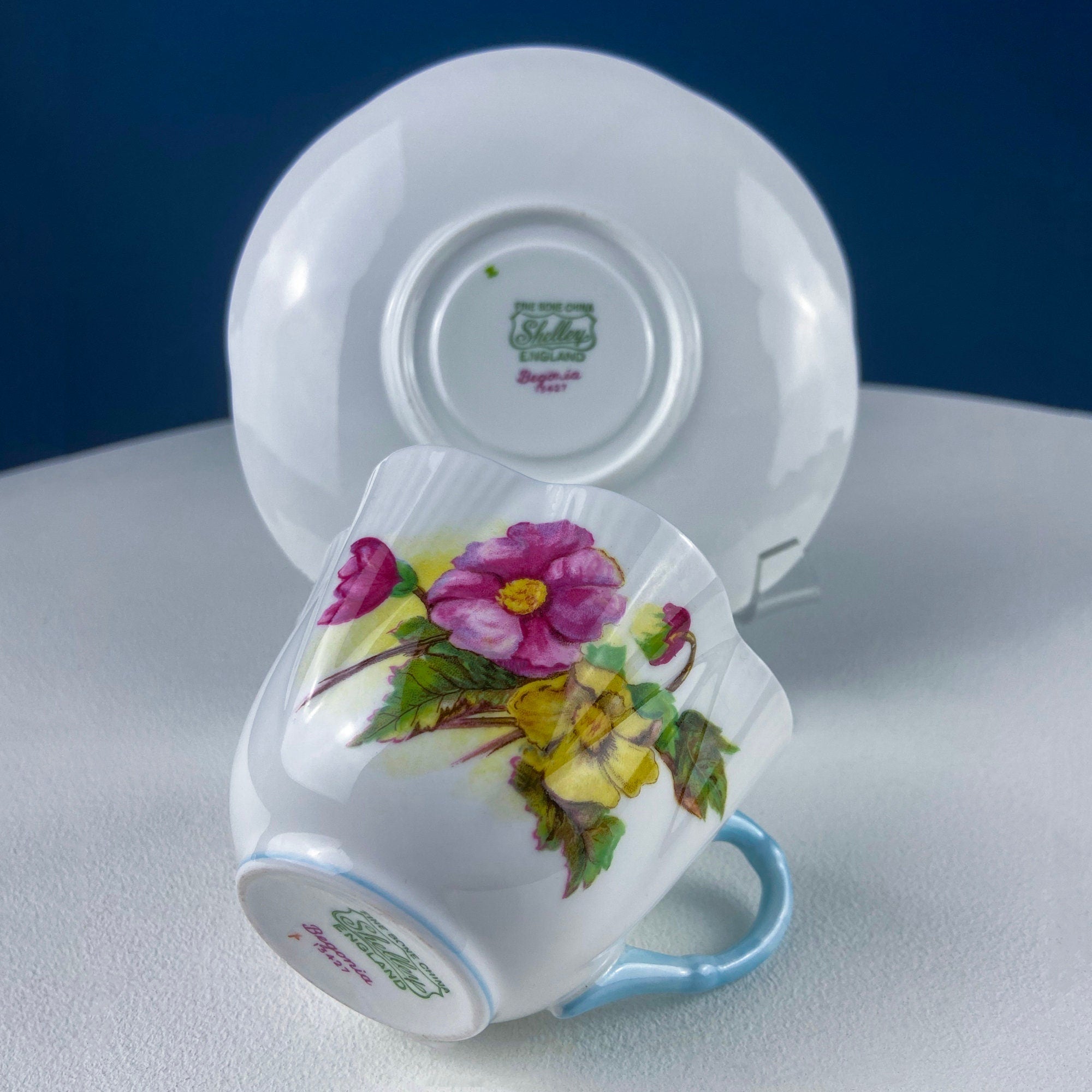 Antique Shelley Cup and Saucer with Begonia Motif . Beautiful, Fine Porcelain. Colorful Flowers and Blue Handle. French Country Living.