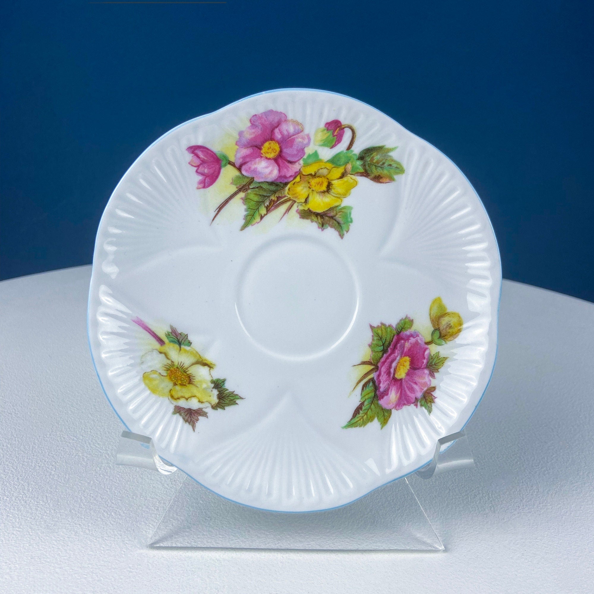 Antique Shelley Cup and Saucer with Begonia Motif . Beautiful, Fine Porcelain. Colorful Flowers and Blue Handle. French Country Living.