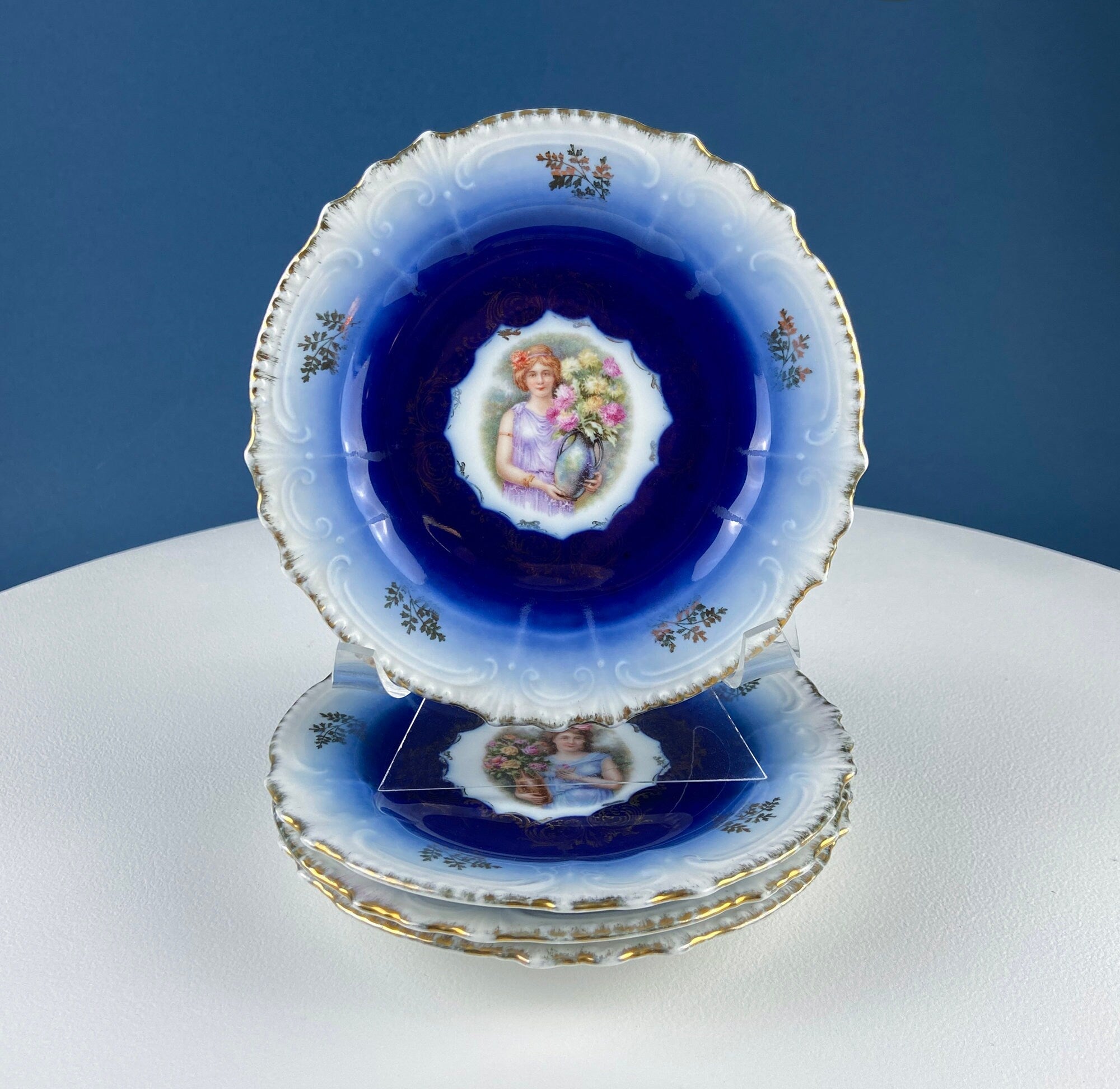 6" Salad or Dessert Plates. Set of Four Antique Royal Bavarian, Hand Painted Cobalt Blue With Women Holding Flowers. Collectible Porcelain.