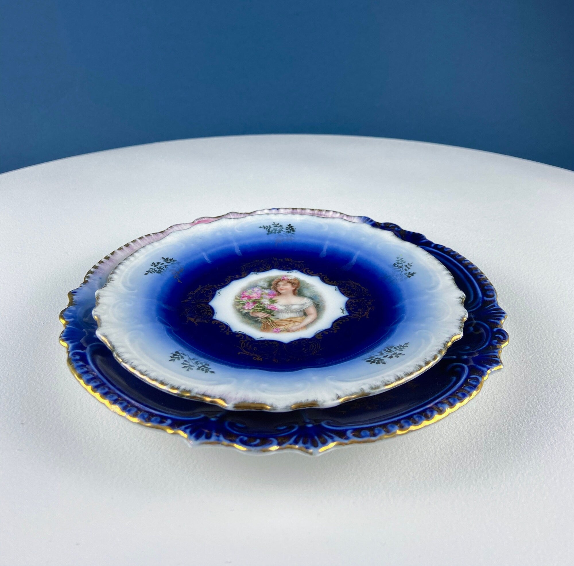 6" Salad or Dessert Plates. Set of Four Antique Royal Bavarian, Hand Painted Cobalt Blue With Women Holding Flowers. Collectible Porcelain.