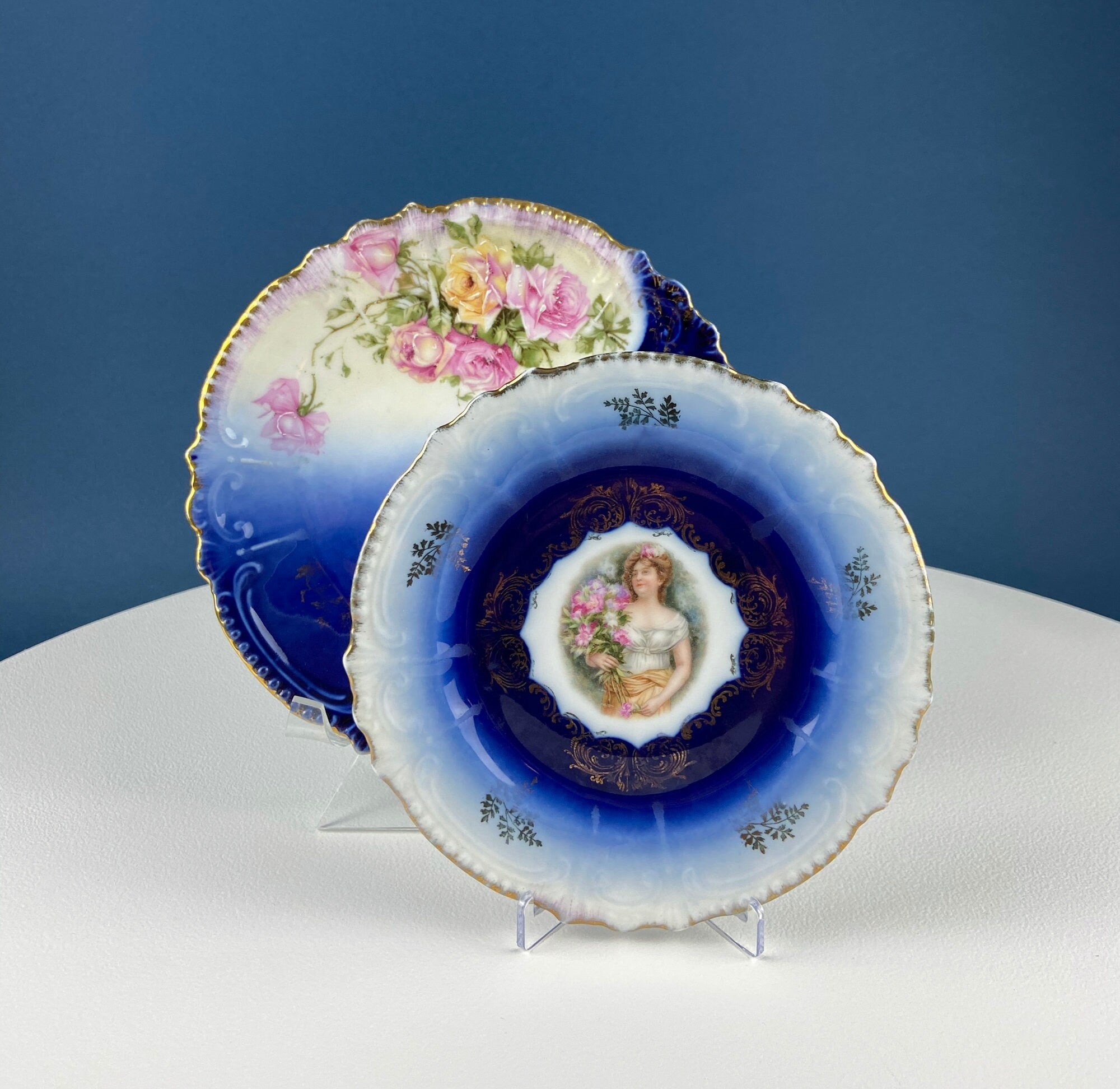 6" Salad or Dessert Plates. Set of Four Antique Royal Bavarian, Hand Painted Cobalt Blue With Women Holding Flowers. Collectible Porcelain.