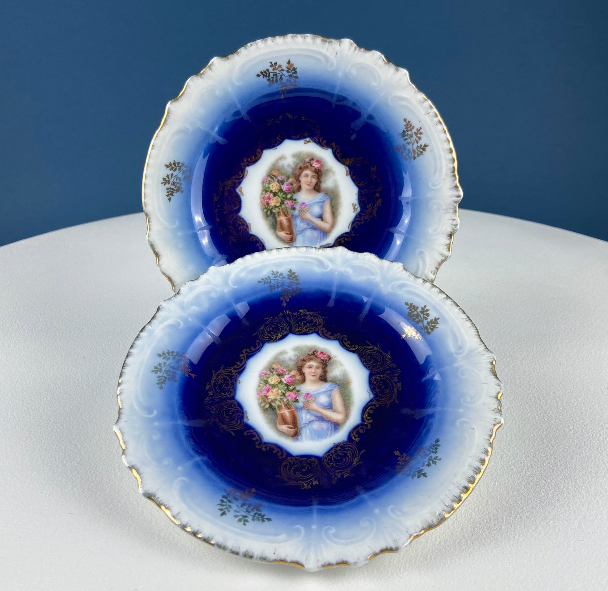 6" Salad or Dessert Plates. Set of Four Antique Royal Bavarian, Hand Painted Cobalt Blue With Women Holding Flowers. Collectible Porcelain.