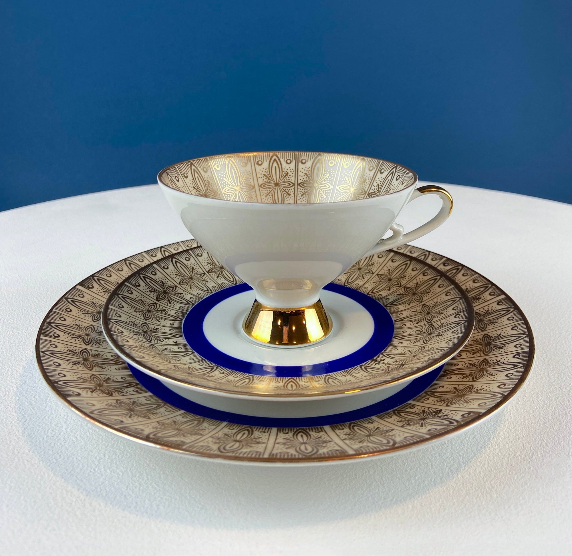 Vintage Paragon Cup and Saucer. Porcelain Tea Set. Lt Yellow with Dark Blue and Gold Bend. Rose Motif.  Excellent Gift Idea for Tea Lover.