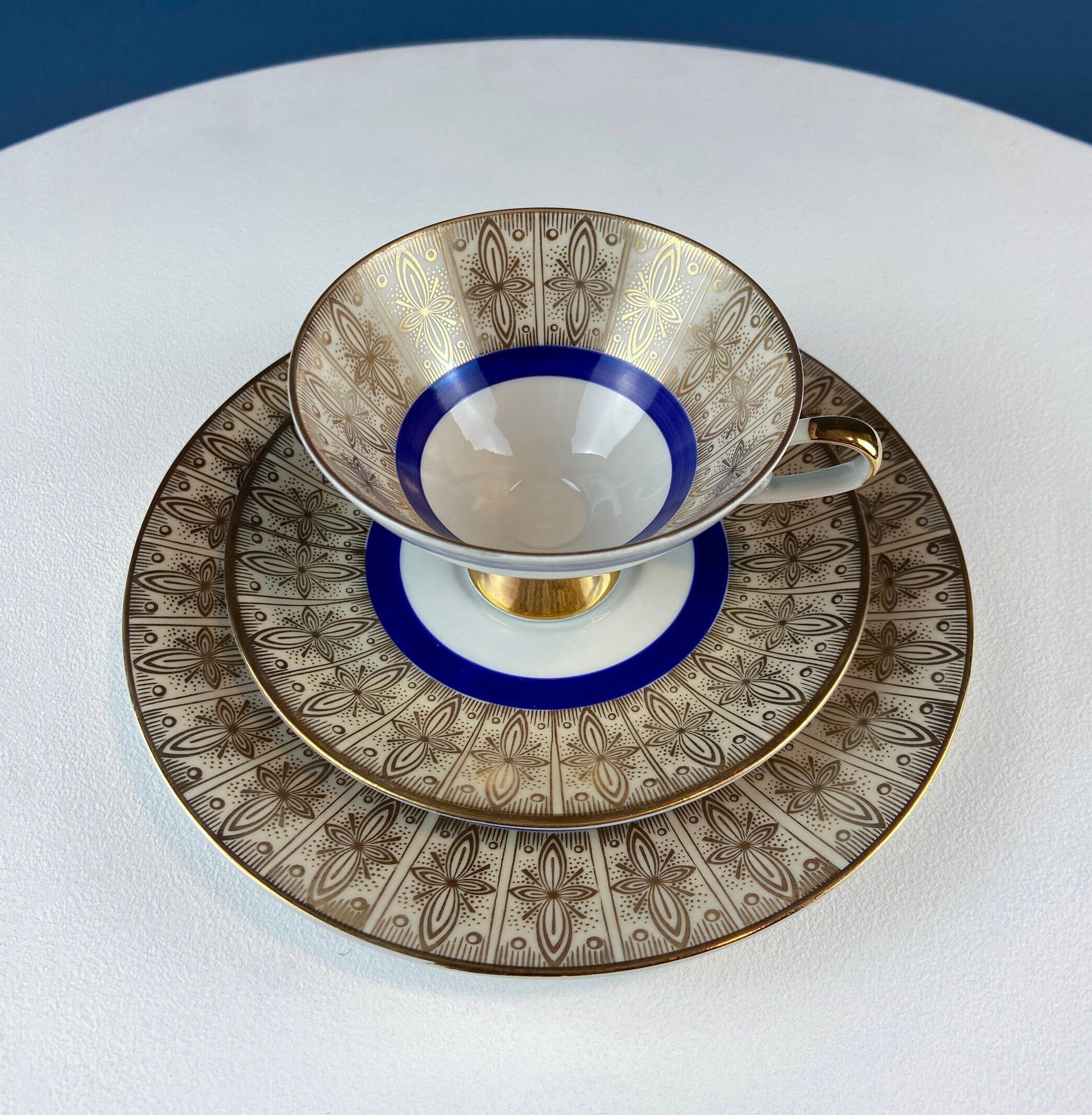 Vintage Paragon Cup and Saucer. Porcelain Tea Set. Lt Yellow with Dark Blue and Gold Bend. Rose Motif.  Excellent Gift Idea for Tea Lover.