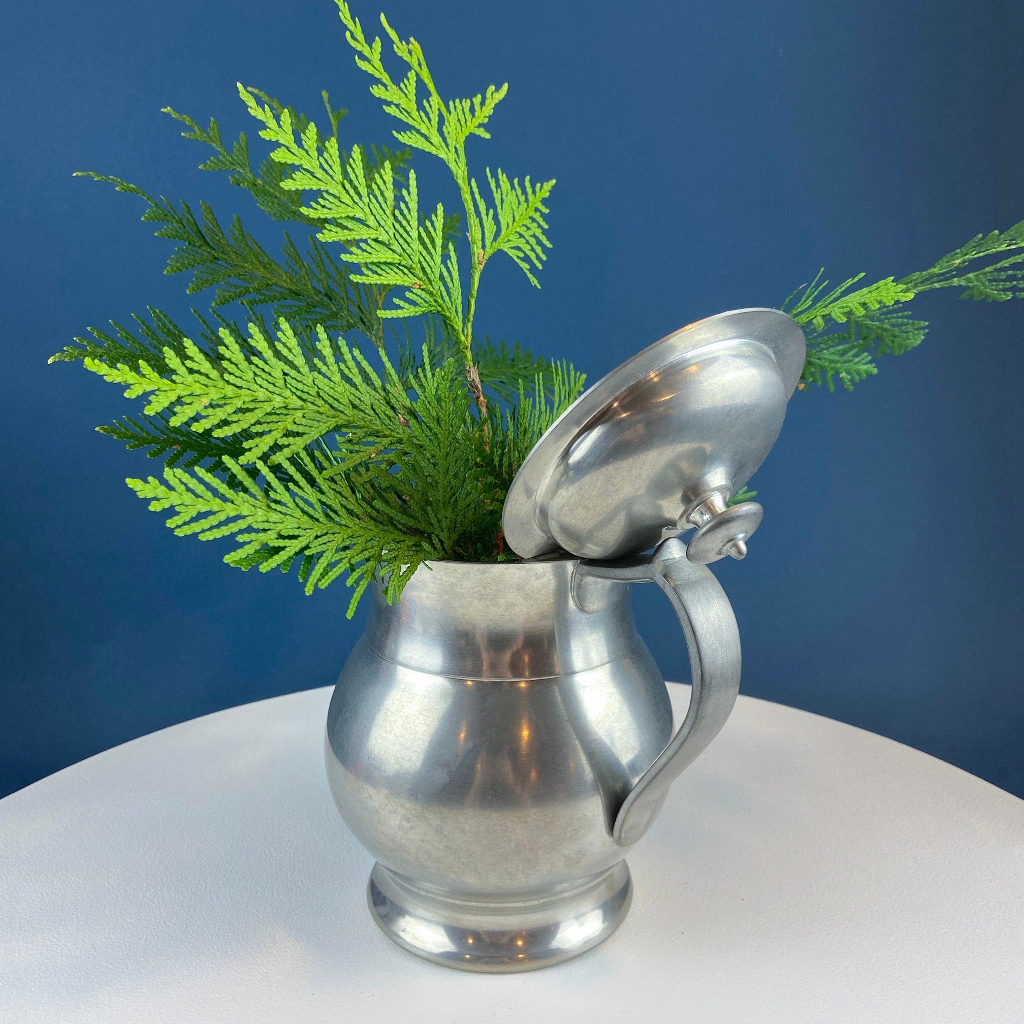 Pewter Jug with Ram Details & Chain. Swiss Aarau Hand Made Tankard Pitcher Vase. For Dry or Live Flowers. Rustic Home Display. Gift for Dad.