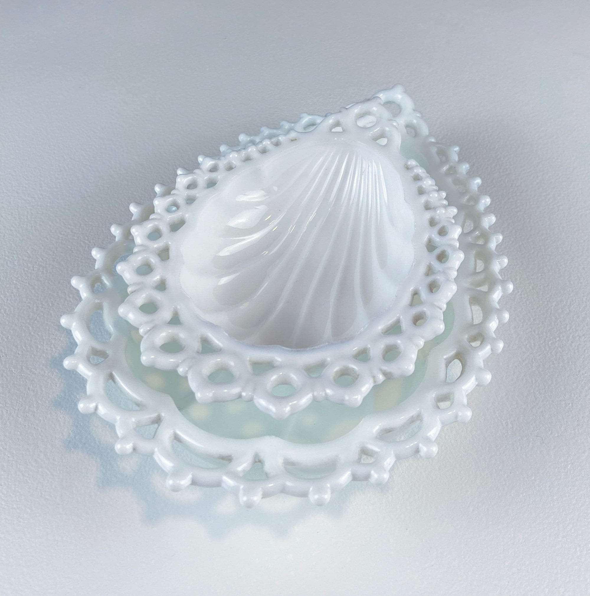 Milk Glass Tear Drop Small Serving Dishes with Fluting & Lacy Brim. Set of 2 White Serving Dishes. Kitchen, Bath Decor. Condiment, Soap Dish