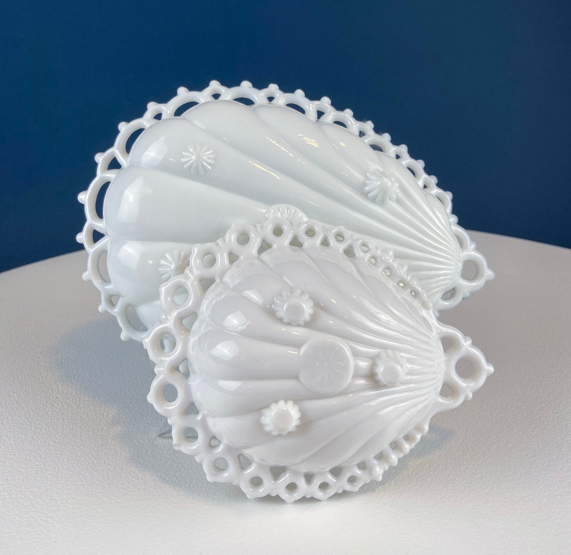 Milk Glass Tear Drop Small Serving Dishes with Fluting & Lacy Brim. Set of 2 White Serving Dishes. Kitchen, Bath Decor. Condiment, Soap Dish