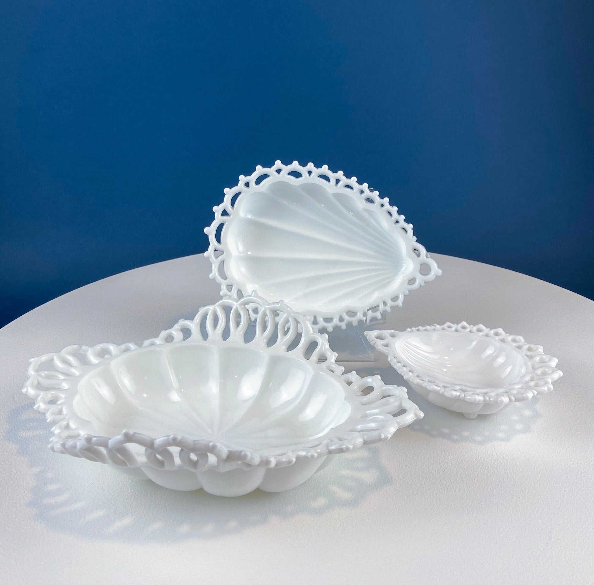 Milk Glass Tear Drop Small Serving Dishes with Fluting & Lacy Brim. Set of 2 White Serving Dishes. Kitchen, Bath Decor. Condiment, Soap Dish