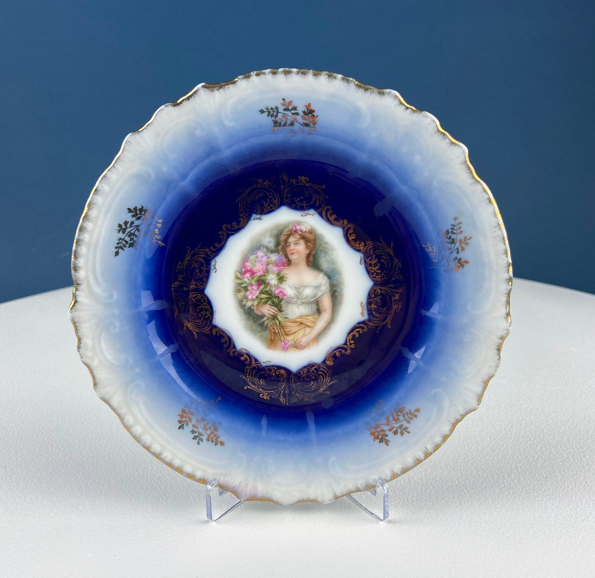 6" Salad or Dessert Plates. Set of Four Antique Royal Bavarian, Hand Painted Cobalt Blue With Women Holding Flowers. Collectible Porcelain.