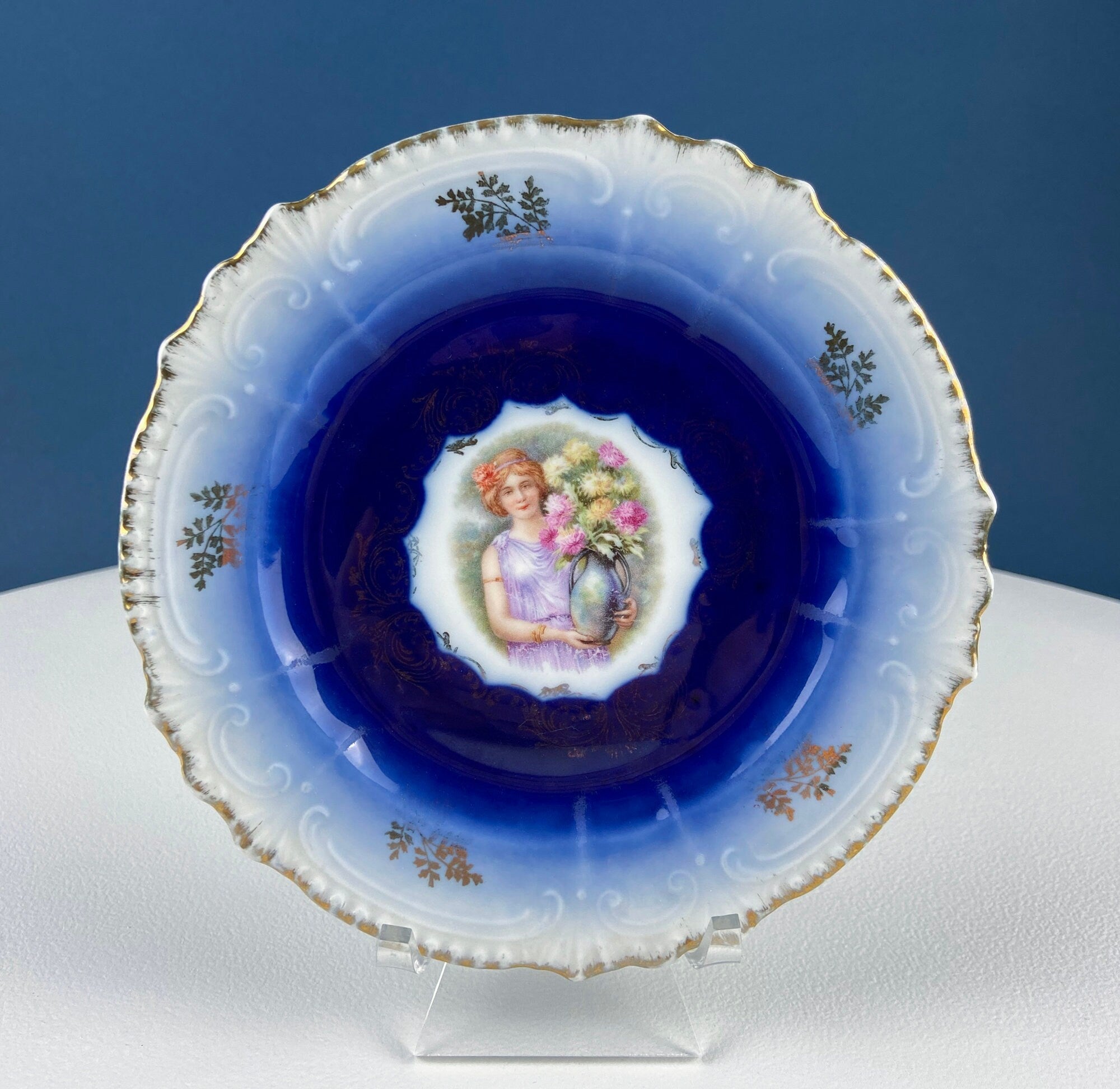 6" Salad or Dessert Plates. Set of Four Antique Royal Bavarian, Hand Painted Cobalt Blue With Women Holding Flowers. Collectible Porcelain.