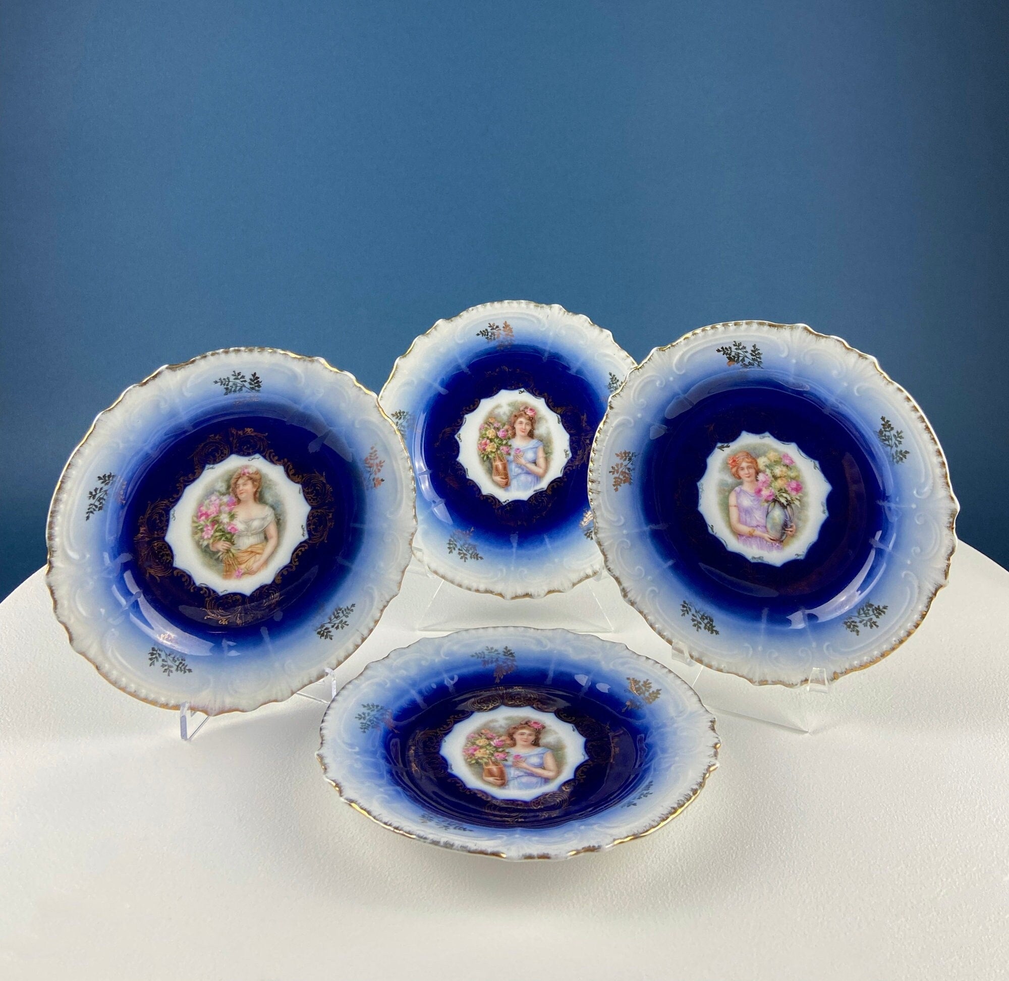 6" Salad or Dessert Plates. Set of Four Antique Royal Bavarian, Hand Painted Cobalt Blue With Women Holding Flowers. Collectible Porcelain.