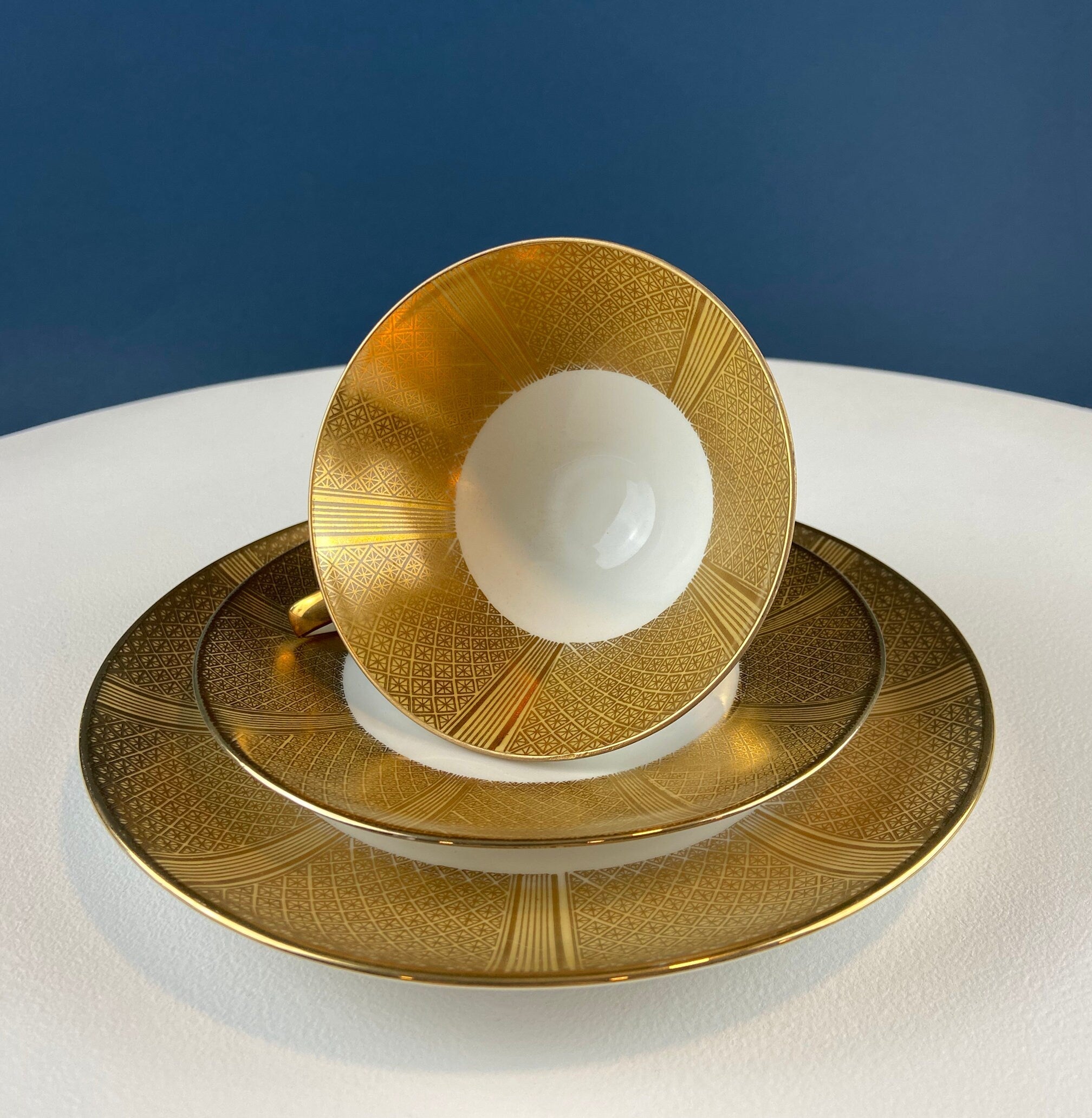 Antique Bavarian Porcelain Tea Set: Gold Geometrical Trio