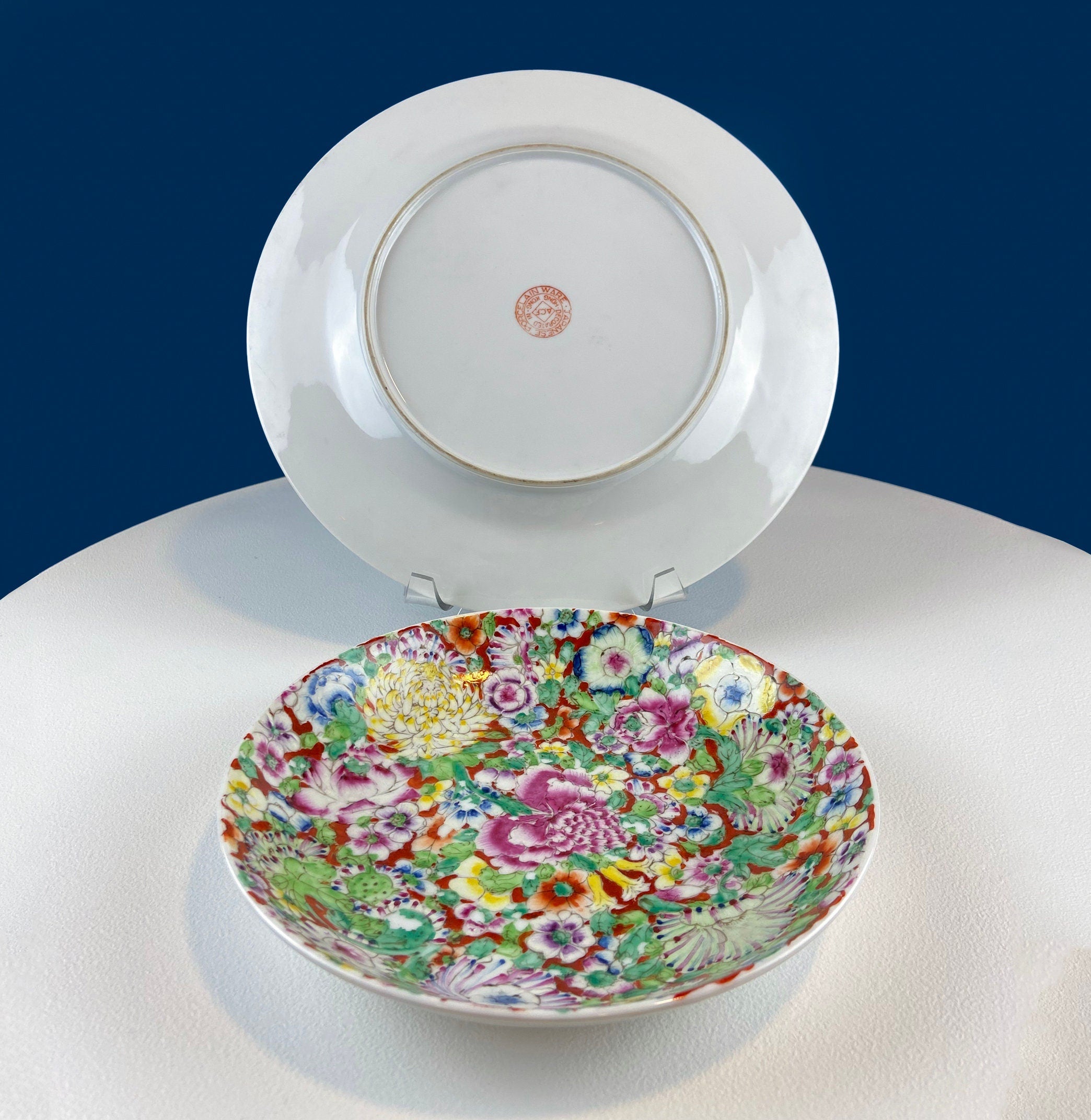Hand-Painted Floral Porcelain Plate and Bowl Set, Japanese A.C.F.