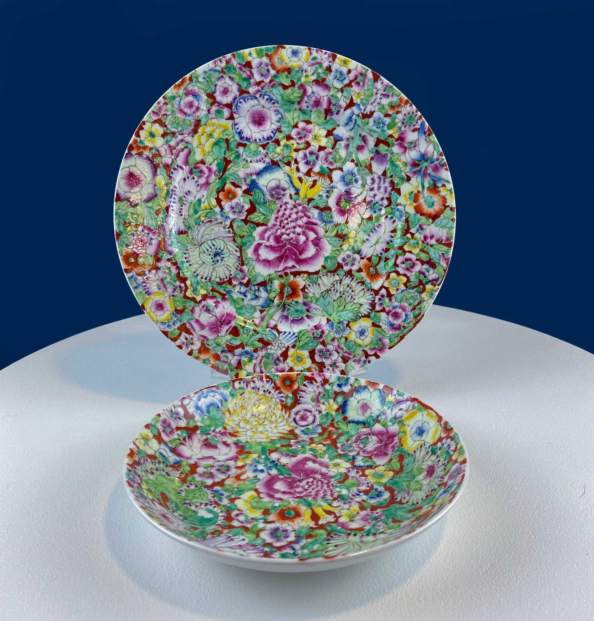 Hand-Painted Floral Porcelain Plate and Bowl Set, Japanese A.C.F.