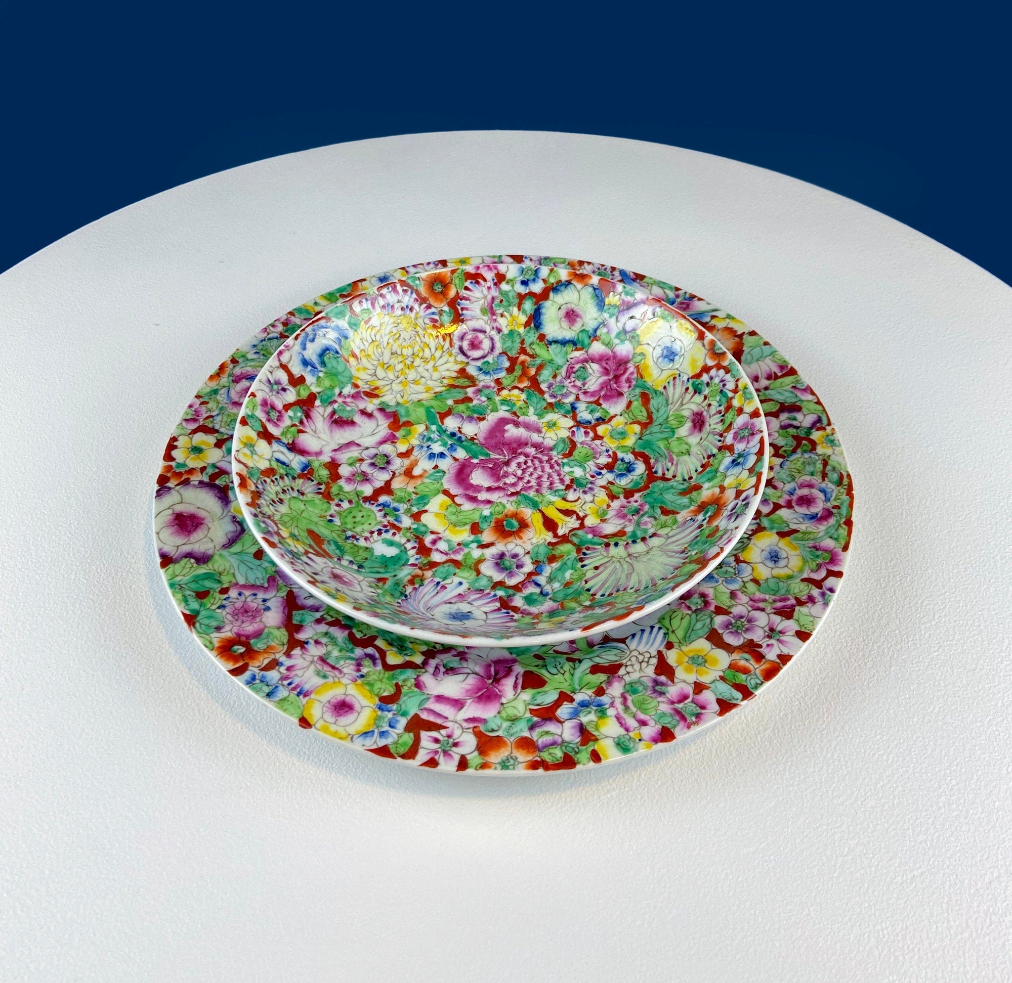Hand-Painted Floral Porcelain Plate and Bowl Set, Japanese A.C.F.