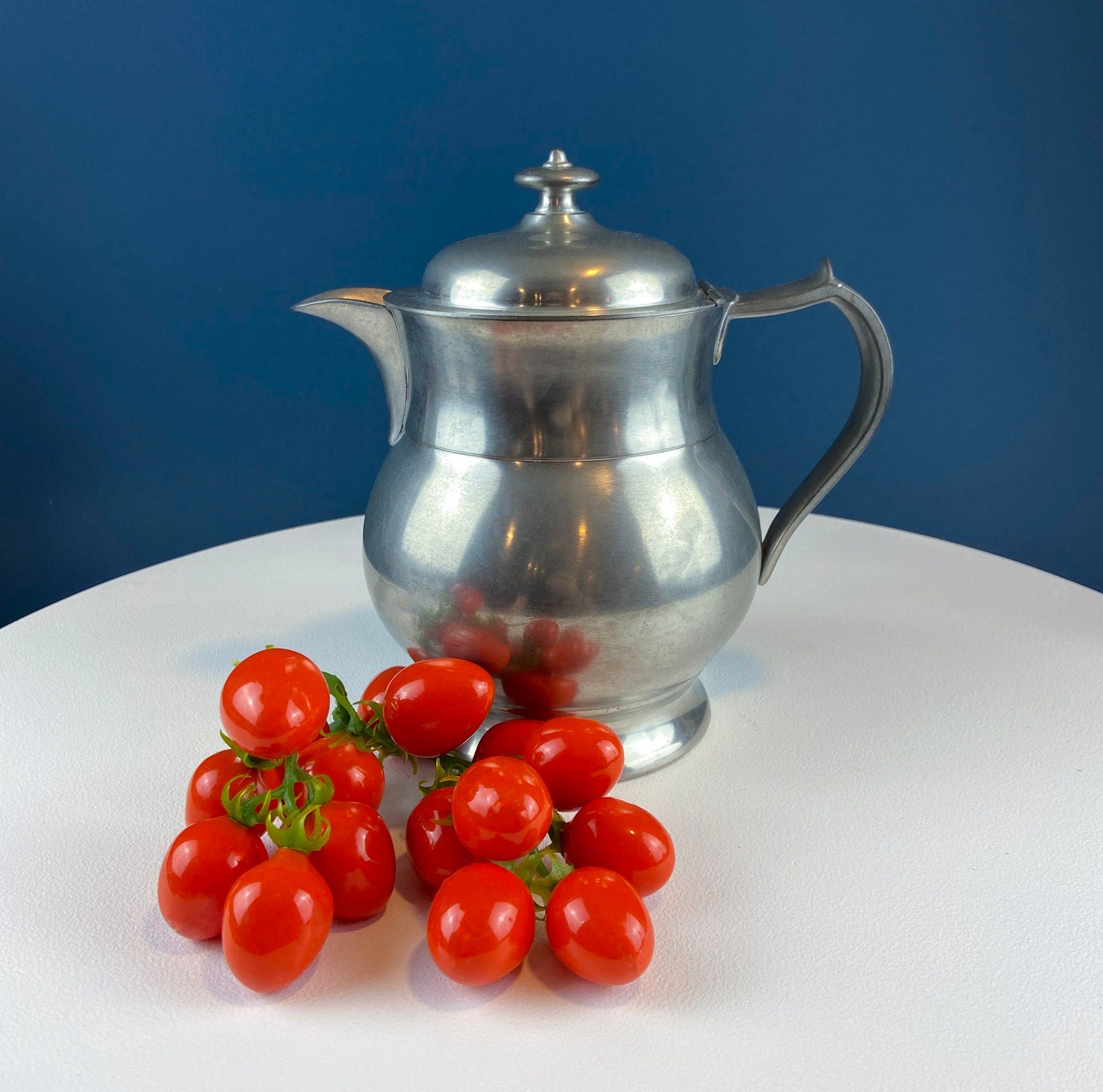 Pewter Jug with Ram Details & Chain. Swiss Aarau Hand Made Tankard Pitcher Vase. For Dry or Live Flowers. Rustic Home Display. Gift for Dad.