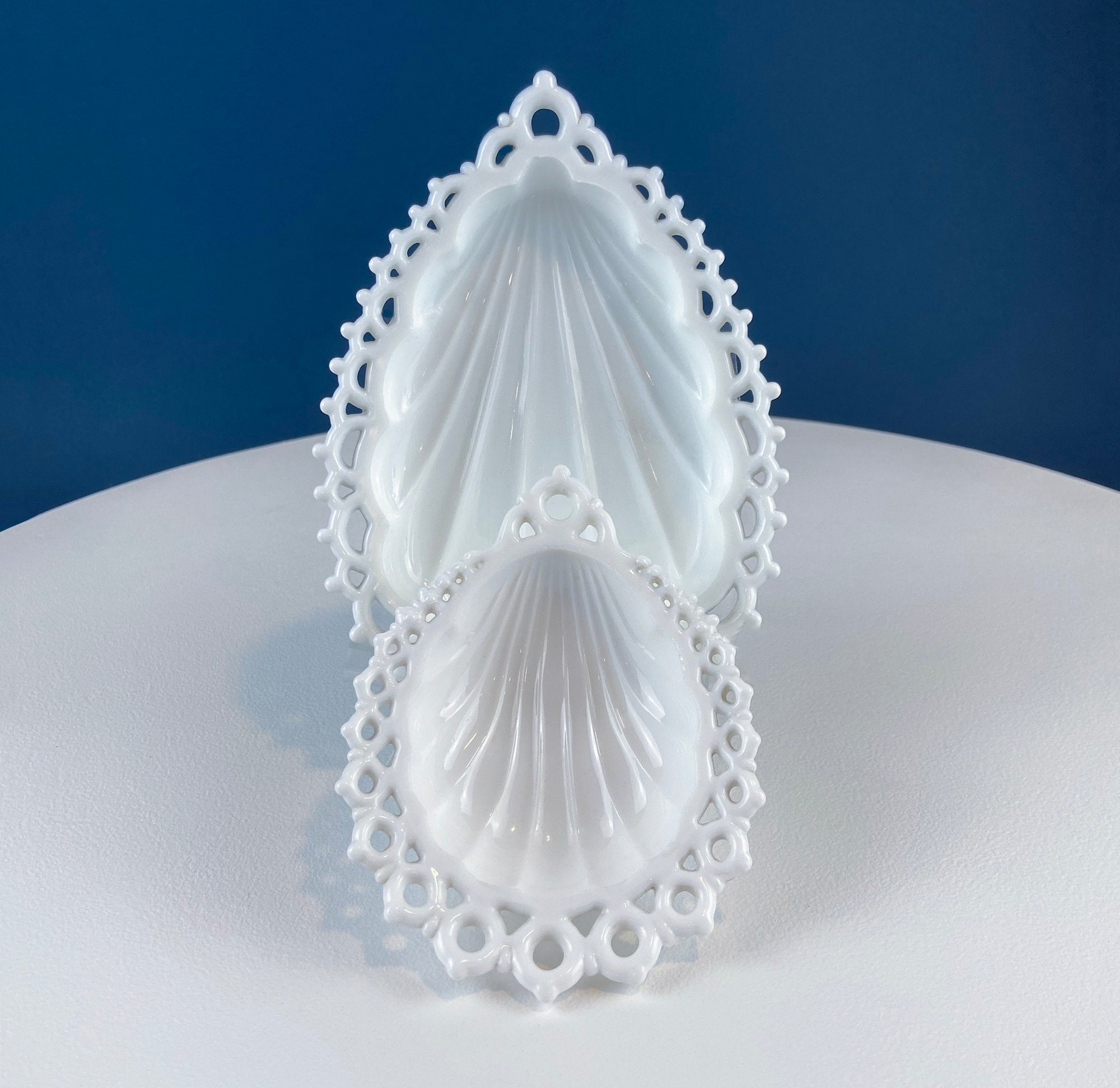 Milk Glass Tear Drop Small Serving Dishes with Fluting & Lacy Brim. Set of 2 White Serving Dishes. Kitchen, Bath Decor. Condiment, Soap Dish
