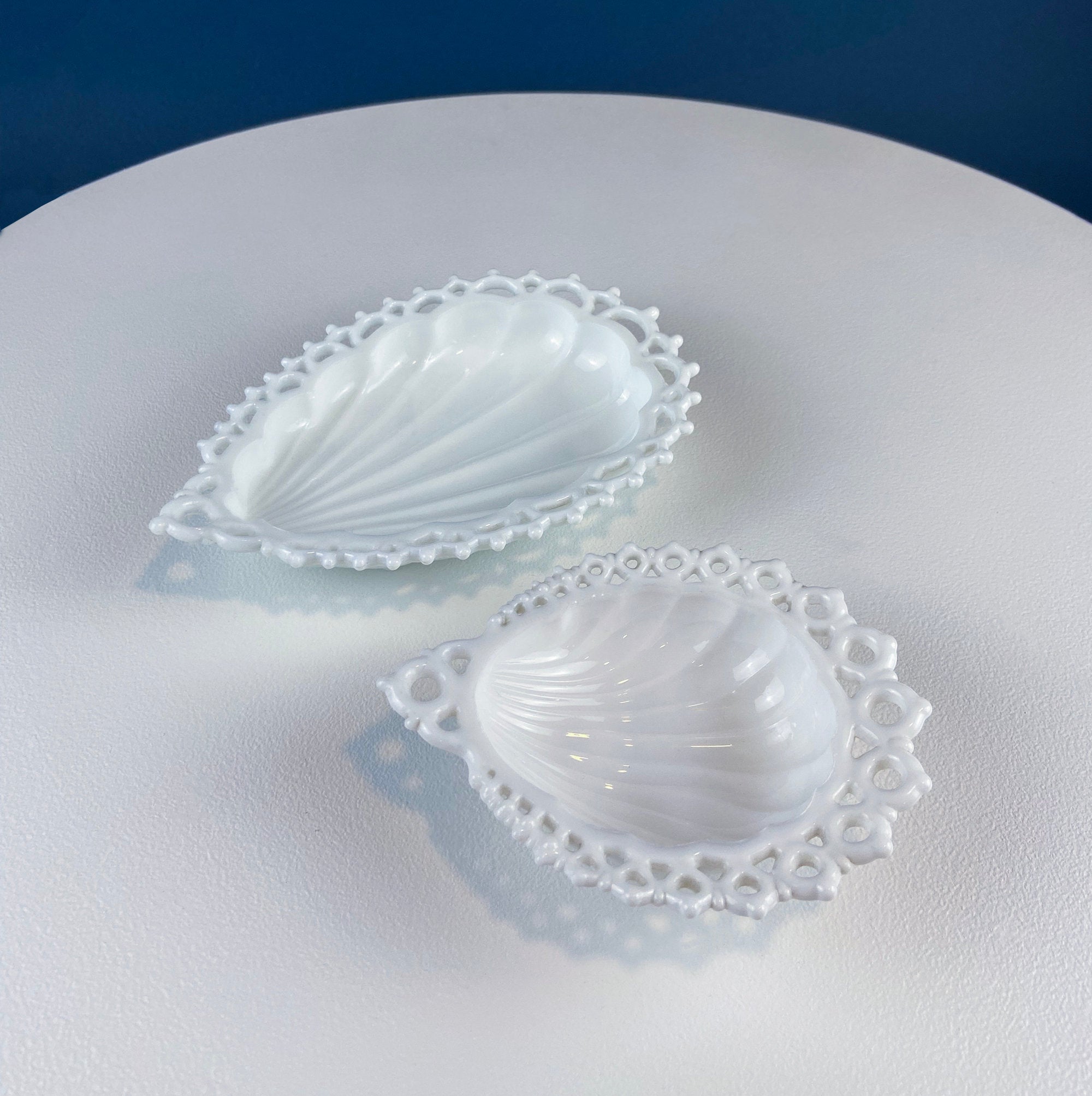 Milk Glass Tear Drop Small Serving Dishes with Fluting & Lacy Brim. Set of 2 White Serving Dishes. Kitchen, Bath Decor. Condiment, Soap Dish