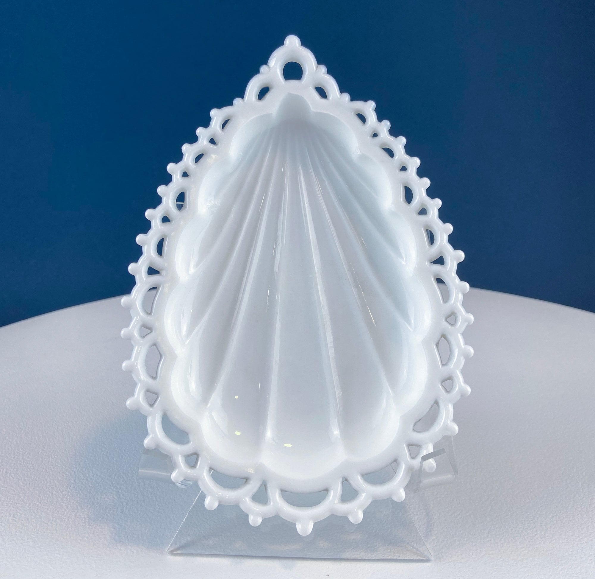 Milk Glass Tear Drop Small Serving Dishes with Fluting & Lacy Brim. Set of 2 White Serving Dishes. Kitchen, Bath Decor. Condiment, Soap Dish