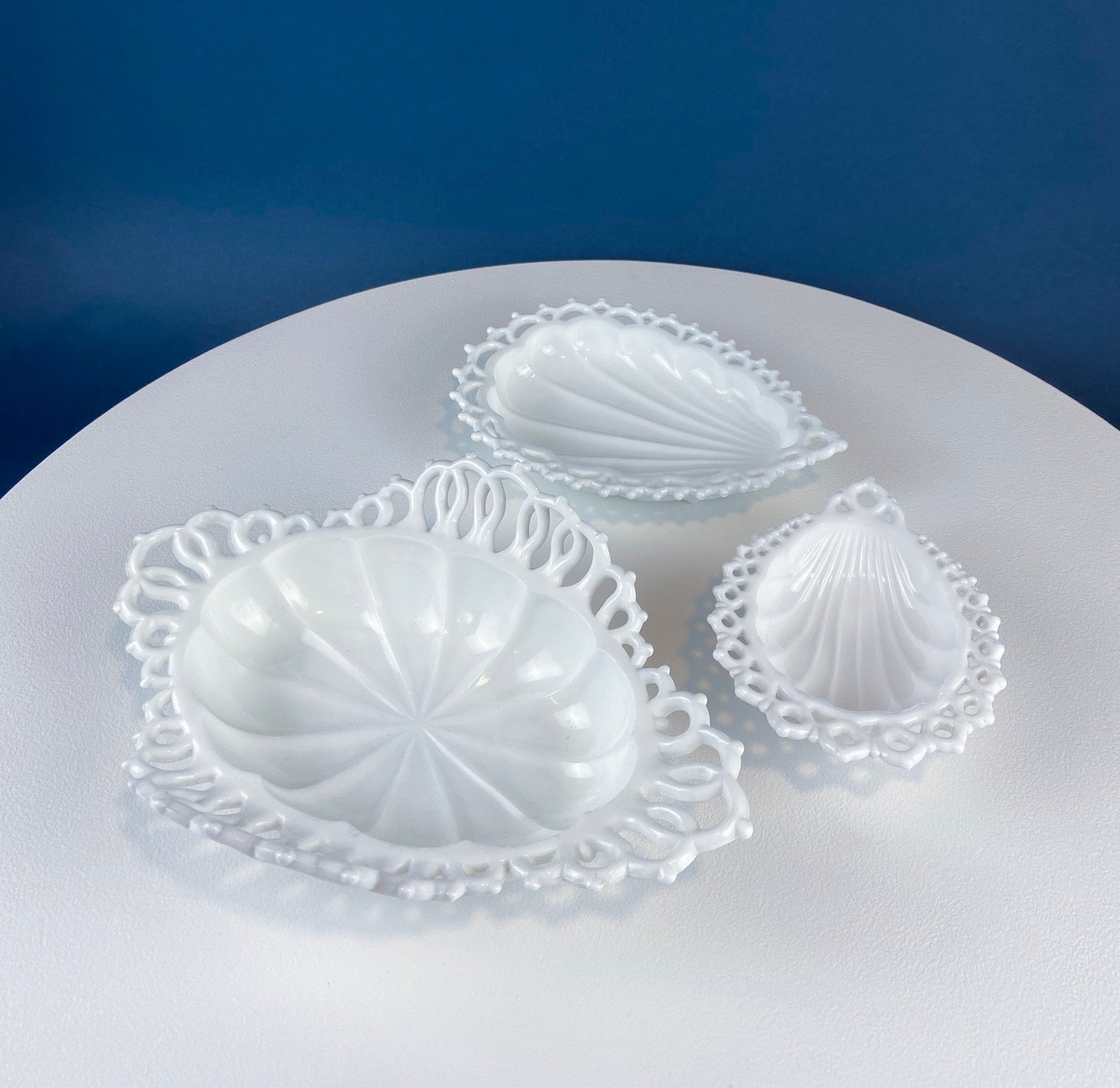 Milk Glass Tear Drop Small Serving Dishes with Fluting & Lacy Brim. Set of 2 White Serving Dishes. Kitchen, Bath Decor. Condiment, Soap Dish