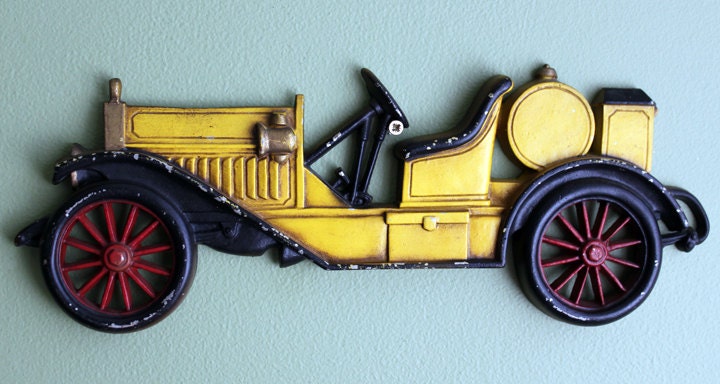 Antique Cast Metal Yellow Car.  Wall Hanging Rustic Home Decoration.  Ready to Hang. Made by Sexton, USA.