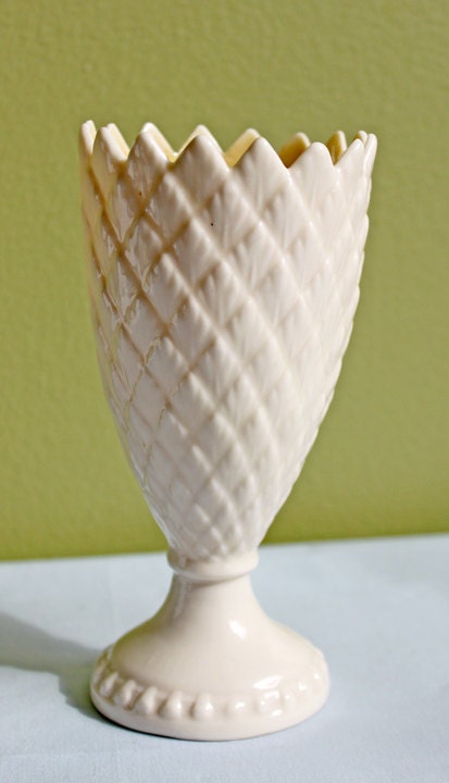Antique Belleek Porcelain Vase, Cream Shamrock Motif, Scalloped Rim, Ireland