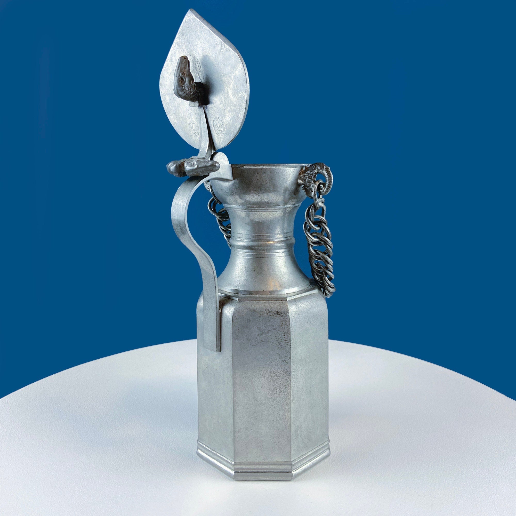 Pewter Jug with Ram Details & Chain. Swiss Aarau Hand Made Tankard Pitcher Vase. For Dry or Live Flowers. Rustic Home Display. Gift for Dad.