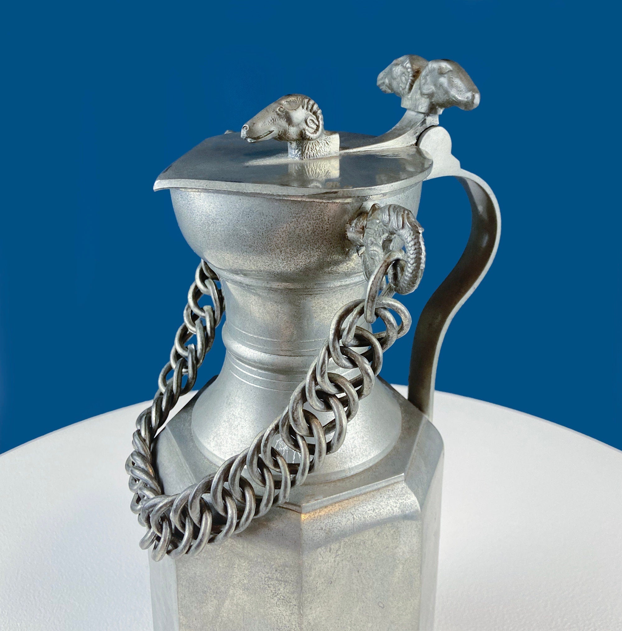 Pewter Jug with Ram Details & Chain. Swiss Aarau Hand Made Tankard Pitcher Vase. For Dry or Live Flowers. Rustic Home Display. Gift for Dad.