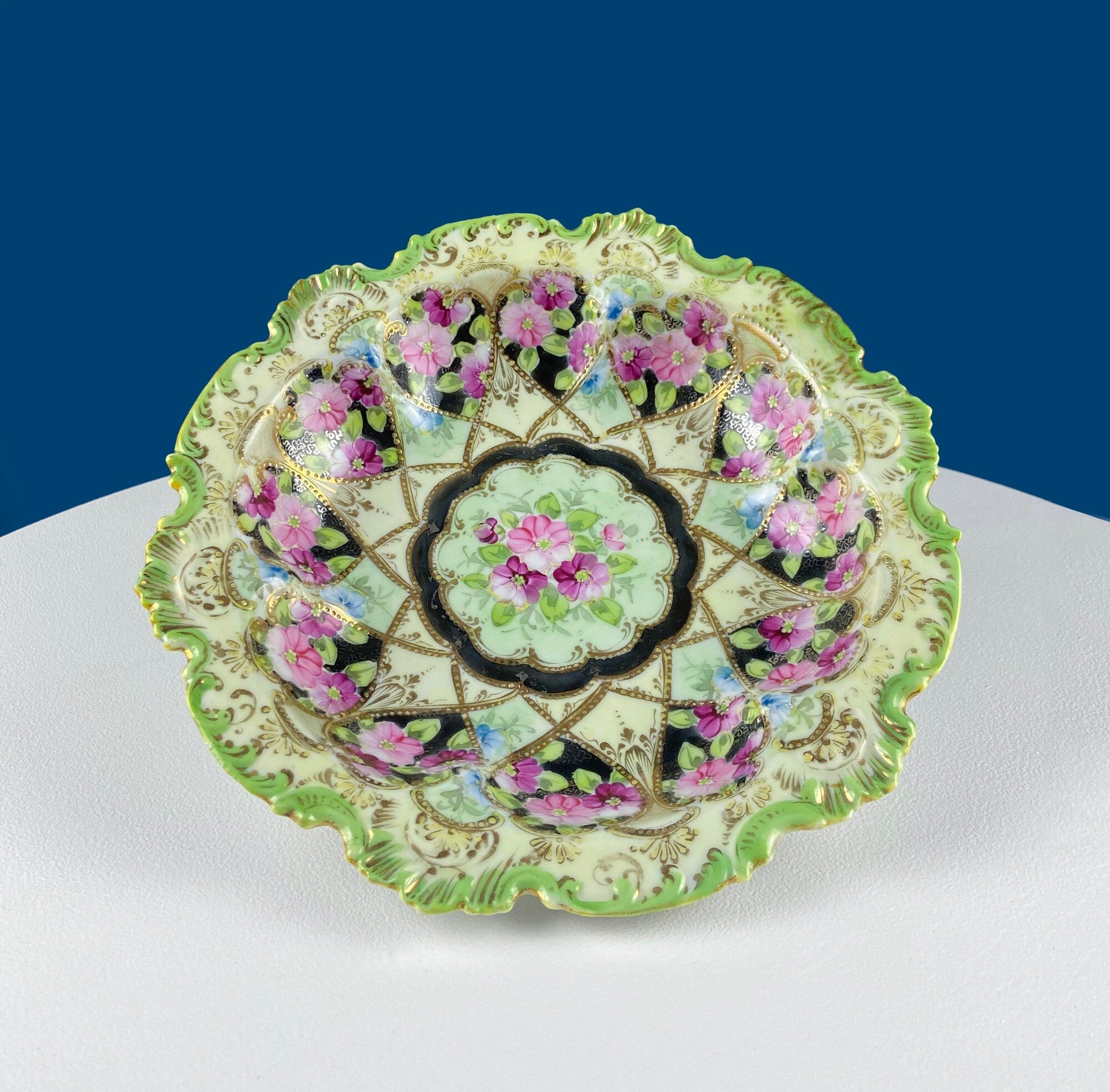 Stunning Antique Hand Painted Porcelain Bowl. Centerpiece Dish with Scalloped Edges. Gold Framework & Flowers. Dining Room Decor.