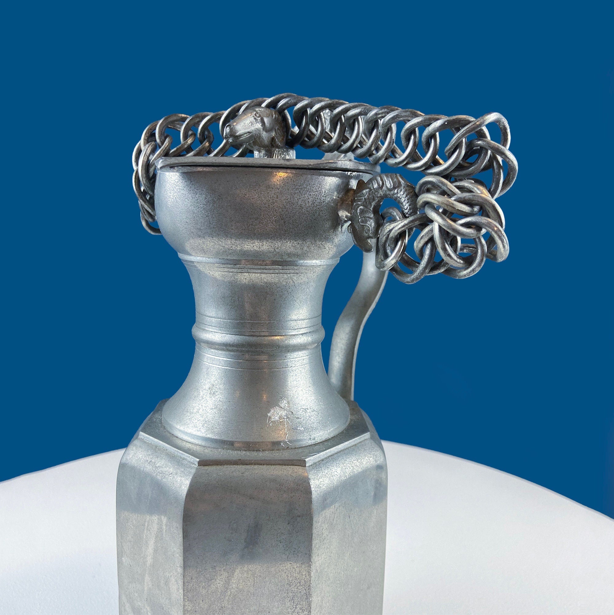 Pewter Jug with Ram Details & Chain. Swiss Aarau Hand Made Tankard Pitcher Vase. For Dry or Live Flowers. Rustic Home Display. Gift for Dad.
