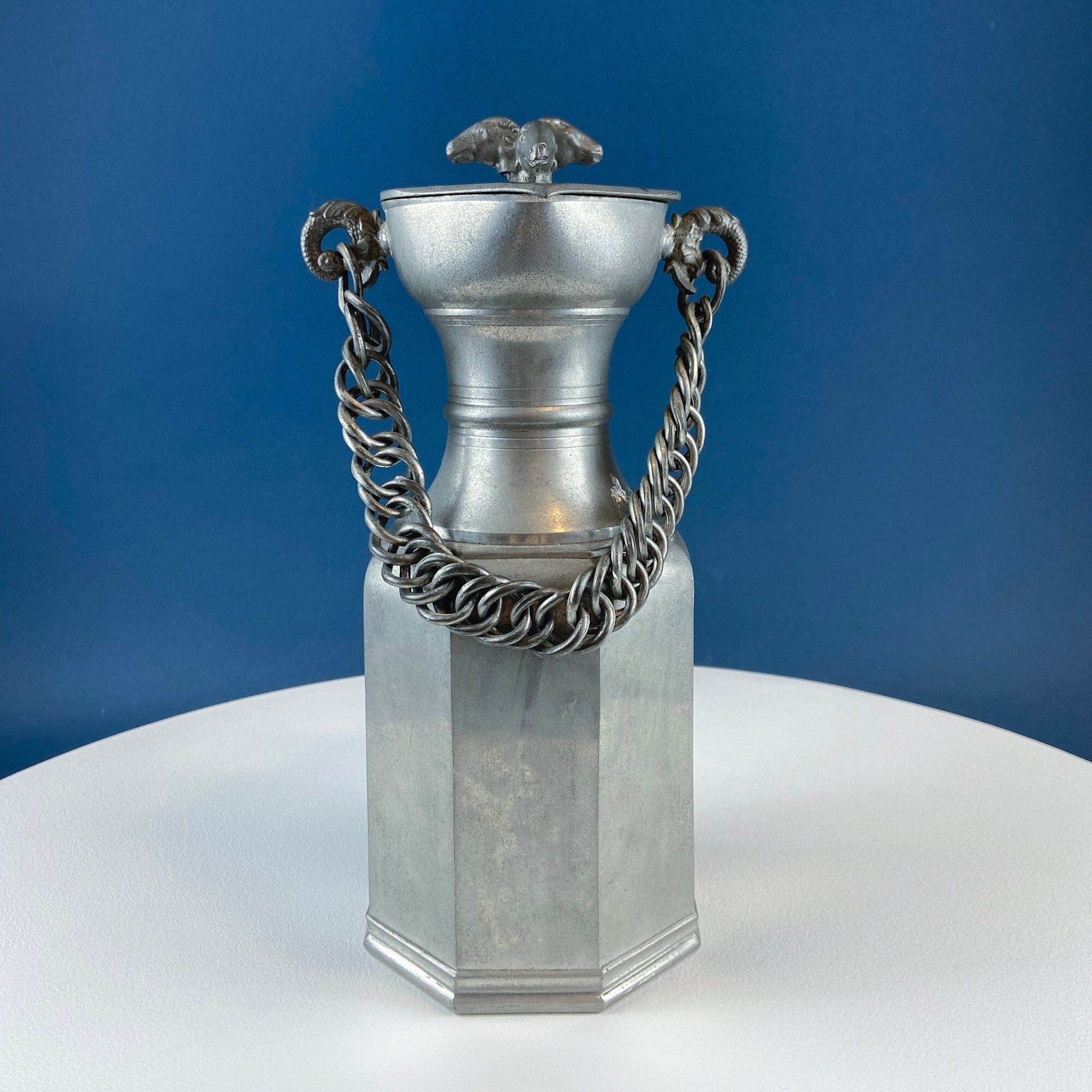 Pewter Jug with Ram Details & Chain. Swiss Aarau Hand Made Tankard Pitcher Vase. For Dry or Live Flowers. Rustic Home Display. Gift for Dad.