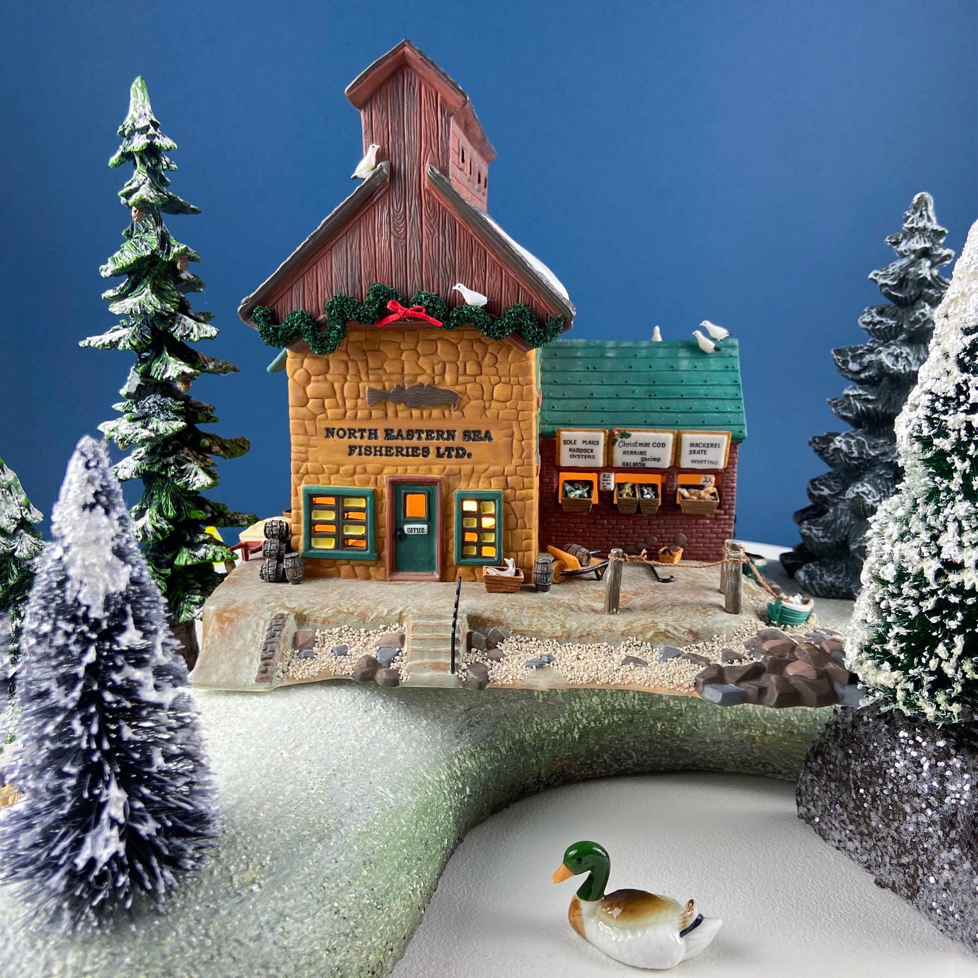 Christmas Village 2 Bldg. Complex North Eastern Sea Fisheries.  Illuminated Porcelain Houses. Incredible Hand Painted Detail by Dept. 56.