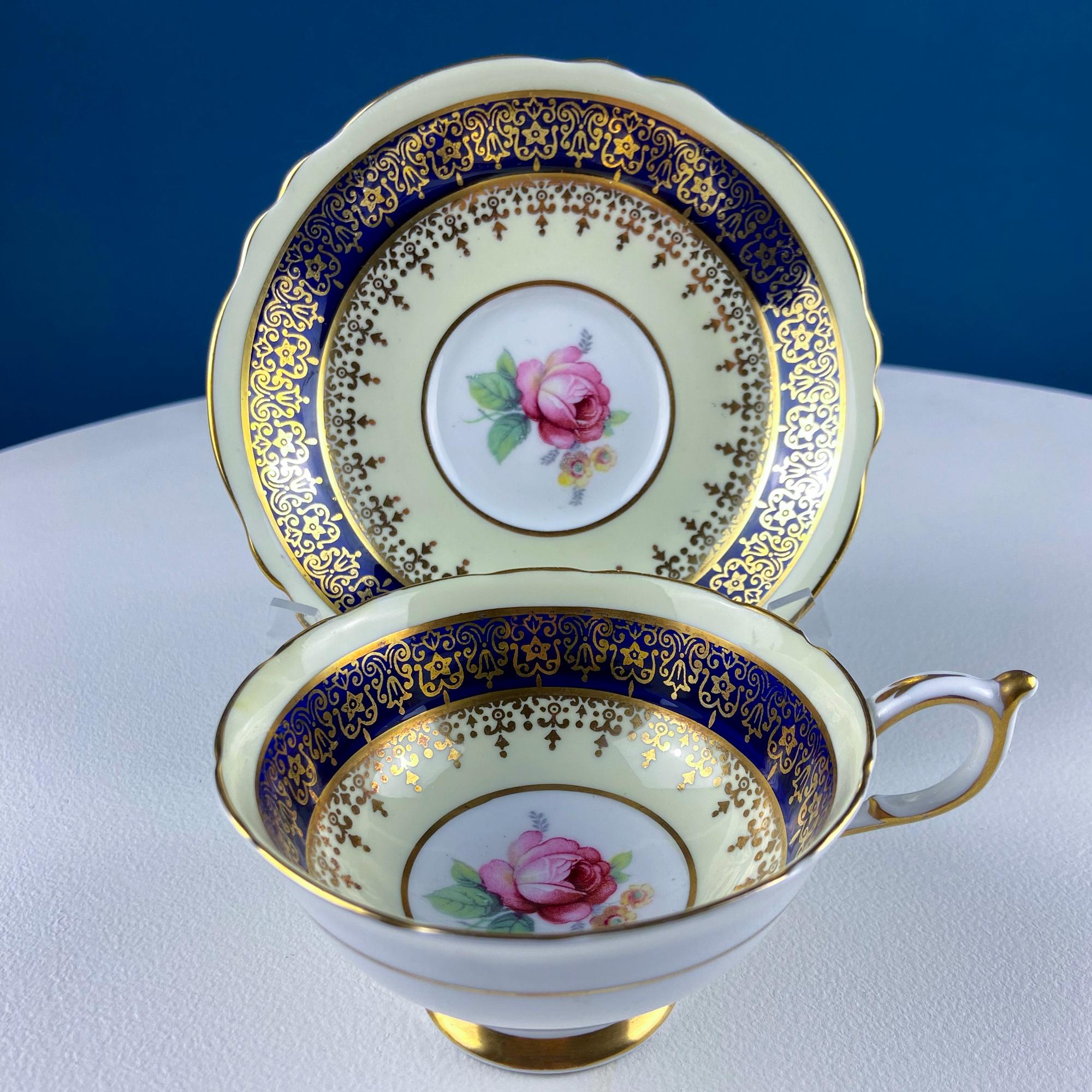 Vintage Paragon Cup and Saucer. Porcelain Tea Set. Lt Yellow with Dark Blue and Gold Bend. Rose Motif.  Excellent Gift Idea for Tea Lover.