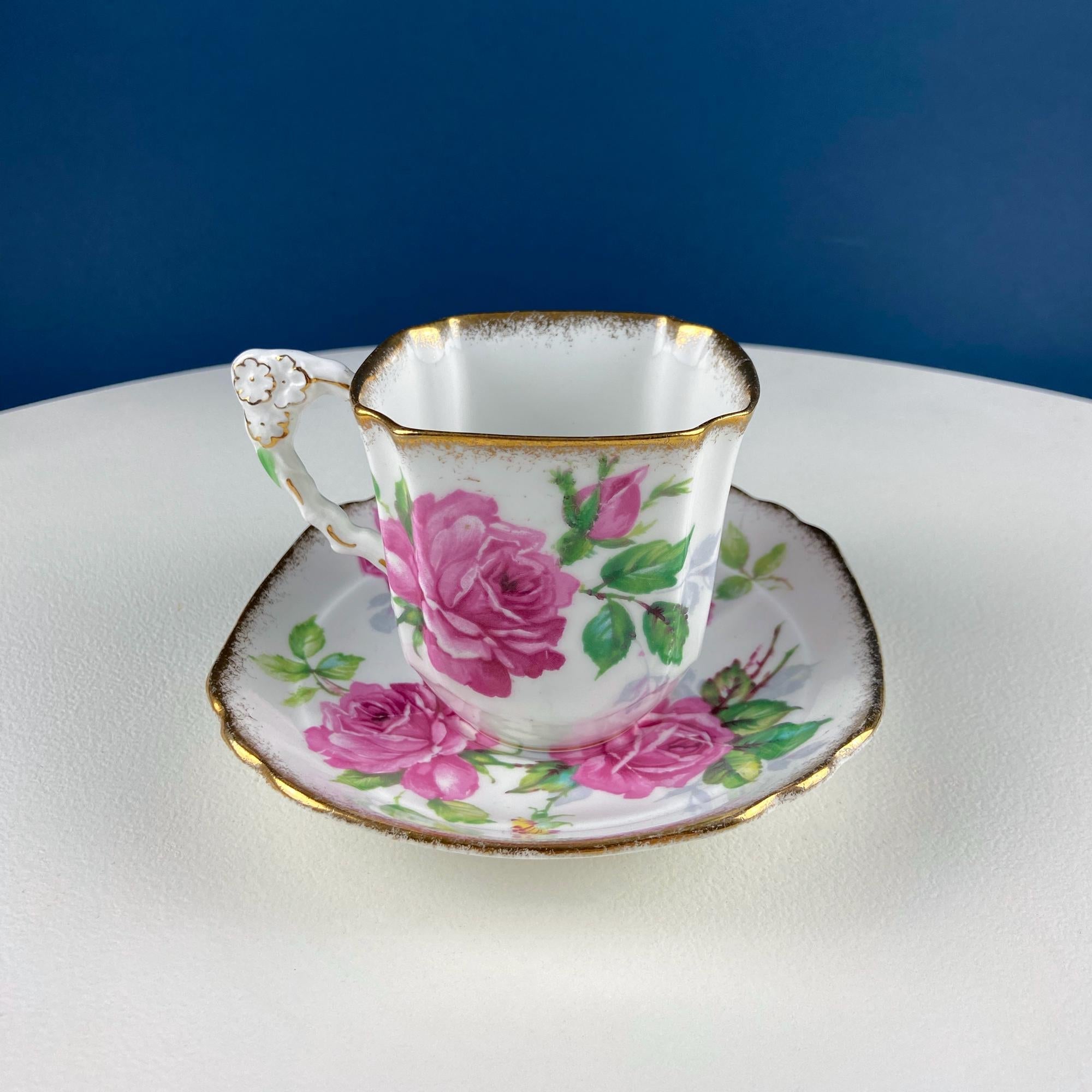 Square Tea or Coffee Cup with Bold Pink Roses and Floral Handle. Royal Stafford Berkeley Rose. Gift for a Romantic in Your Life.