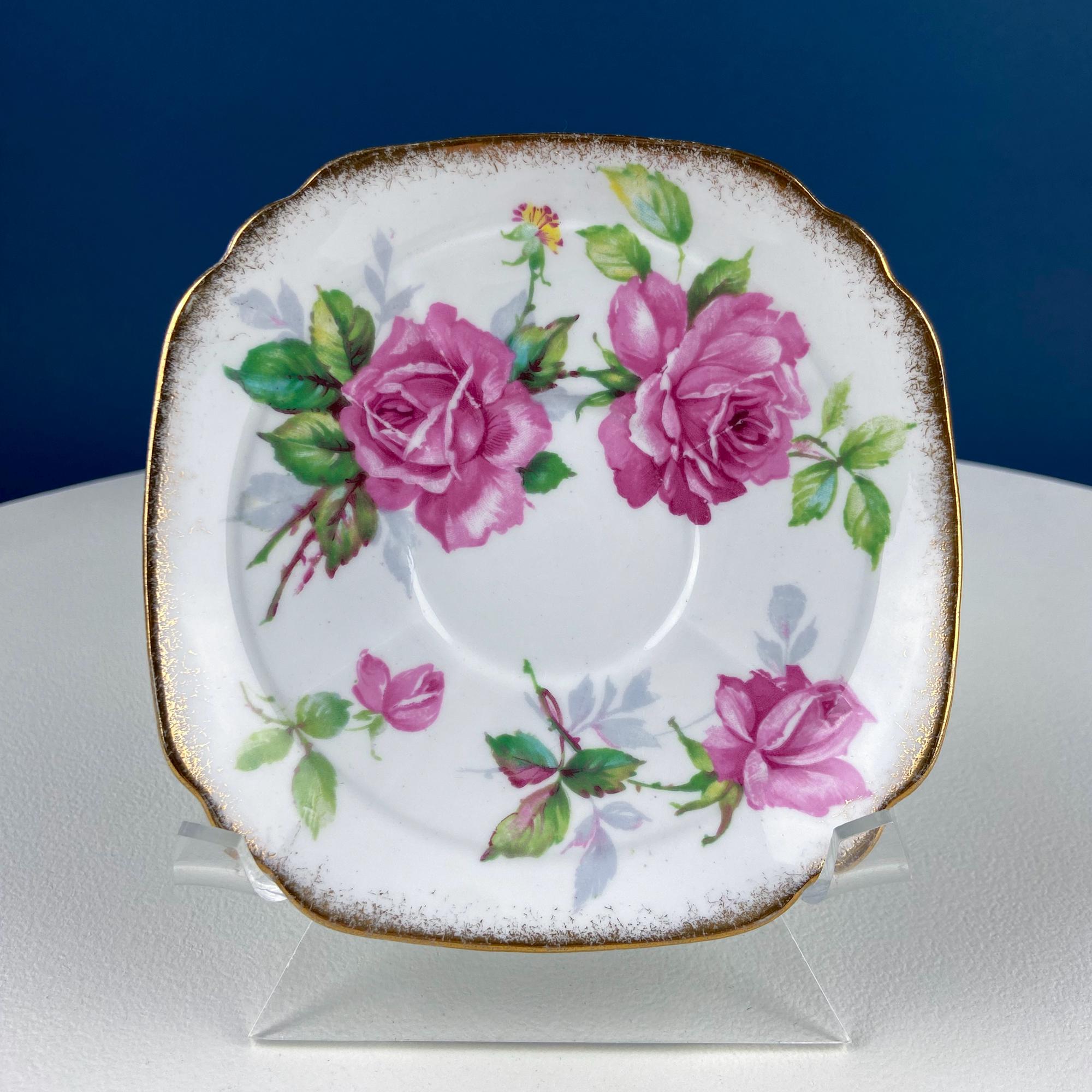 Square Tea or Coffee Cup with Bold Pink Roses and Floral Handle. Royal Stafford Berkeley Rose. Gift for a Romantic in Your Life.