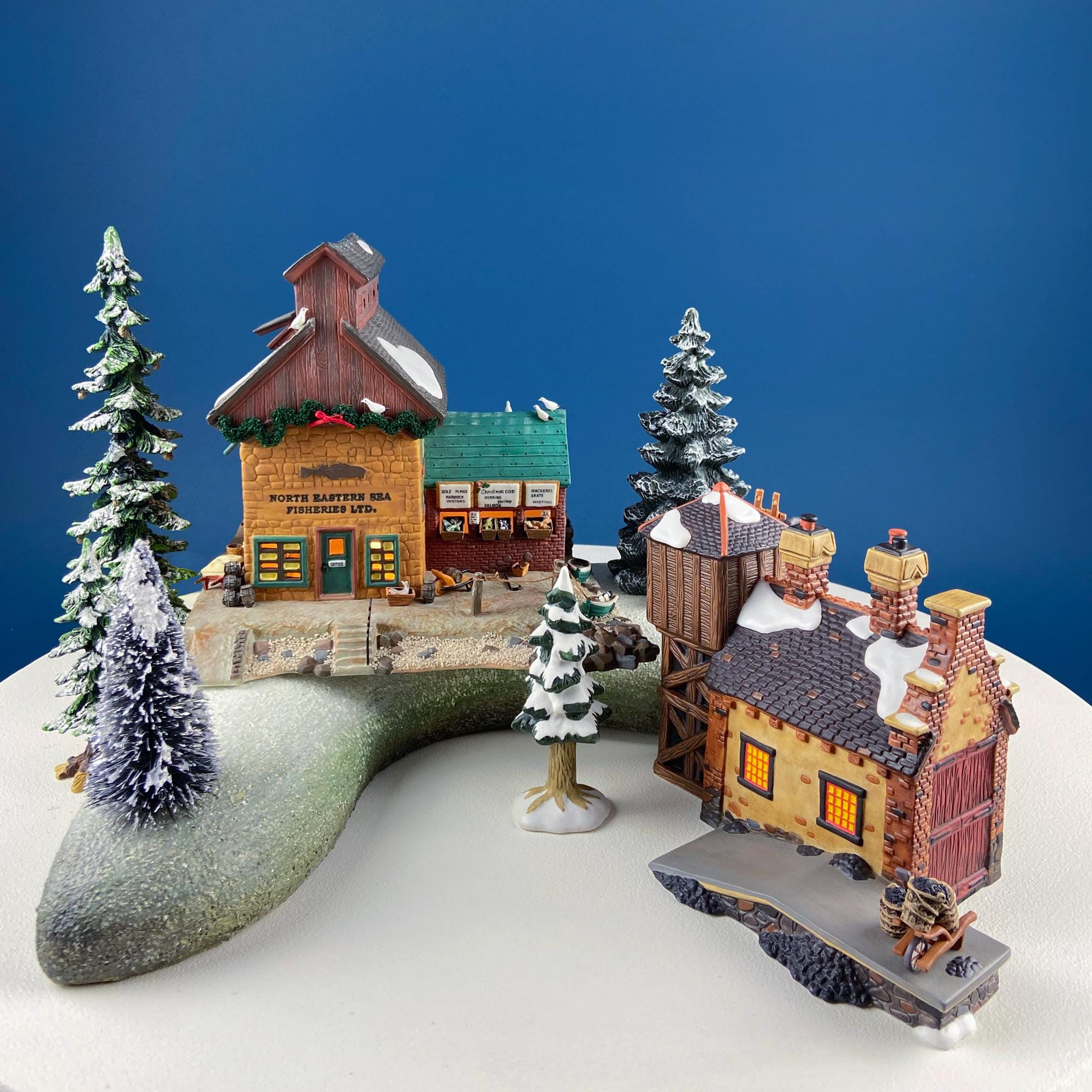 Christmas Village 2 Bldg. Complex North Eastern Sea Fisheries.  Illuminated Porcelain Houses. Incredible Hand Painted Detail by Dept. 56.