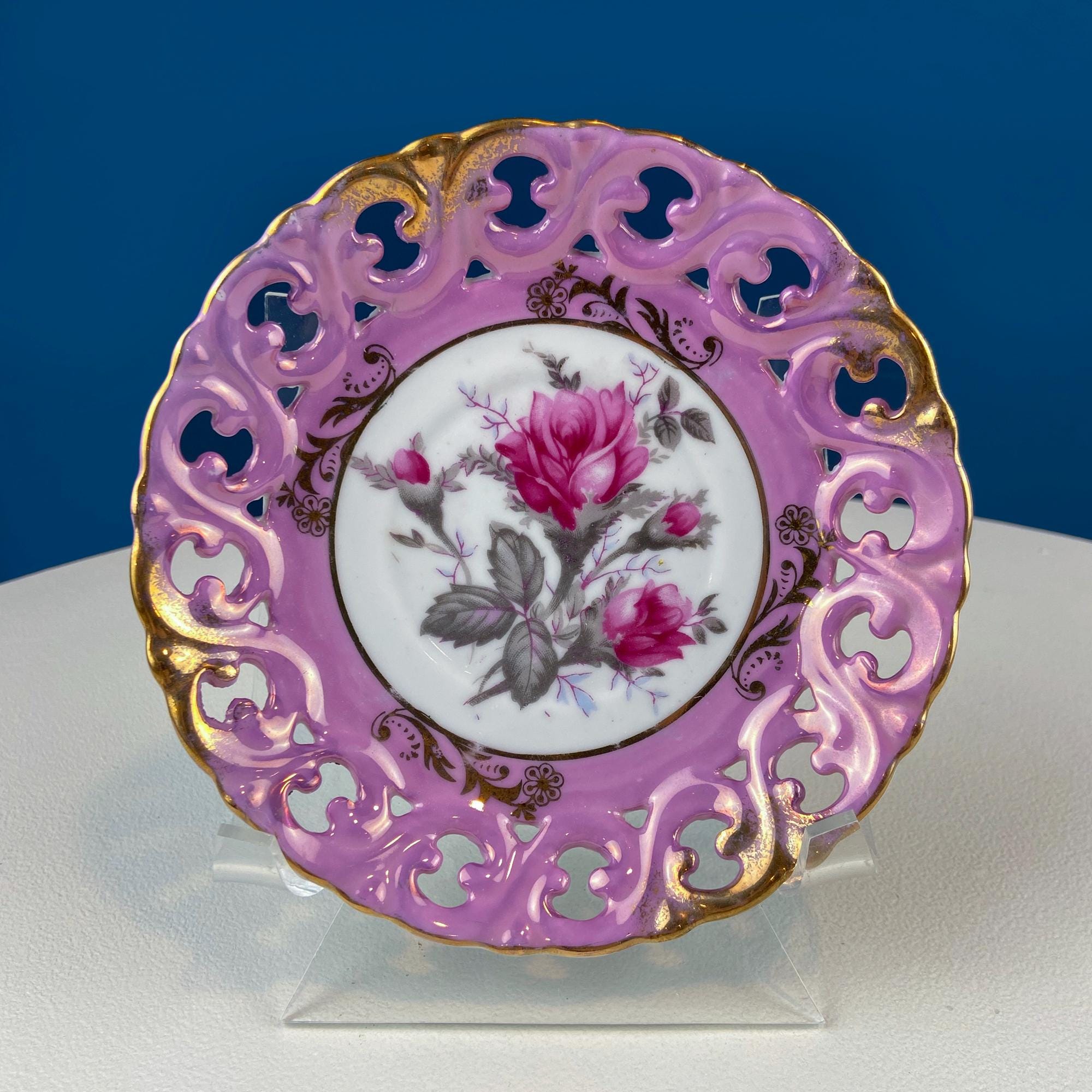 Pink Collection of Vintage Saucers. Mix & Match. Set of 5 Mostly Pink Plates with Lacey Reticulated Edges. Cute Gift Idea for Her.