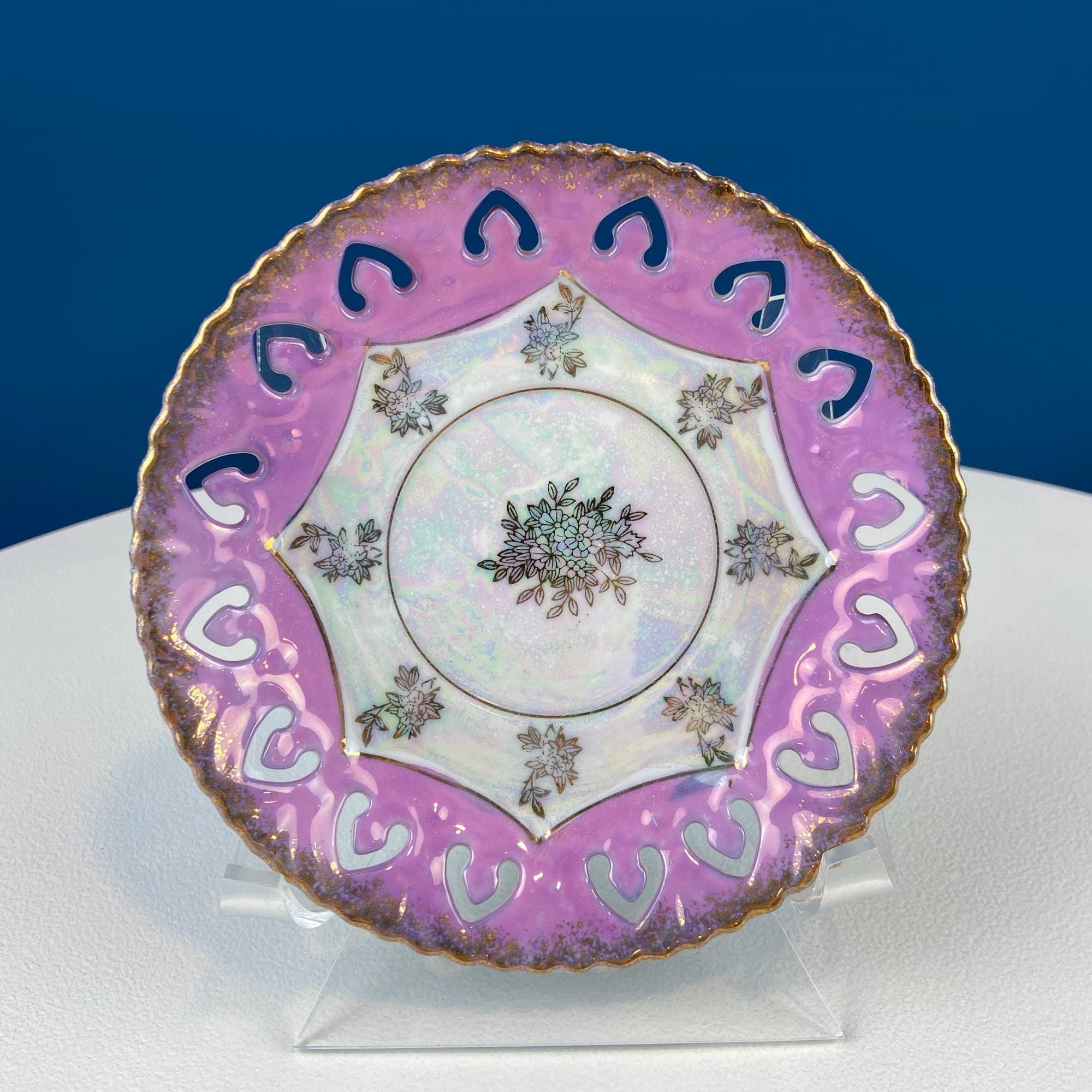 Pink Collection of Vintage Saucers. Mix & Match. Set of 5 Mostly Pink Plates with Lacey Reticulated Edges. Cute Gift Idea for Her.