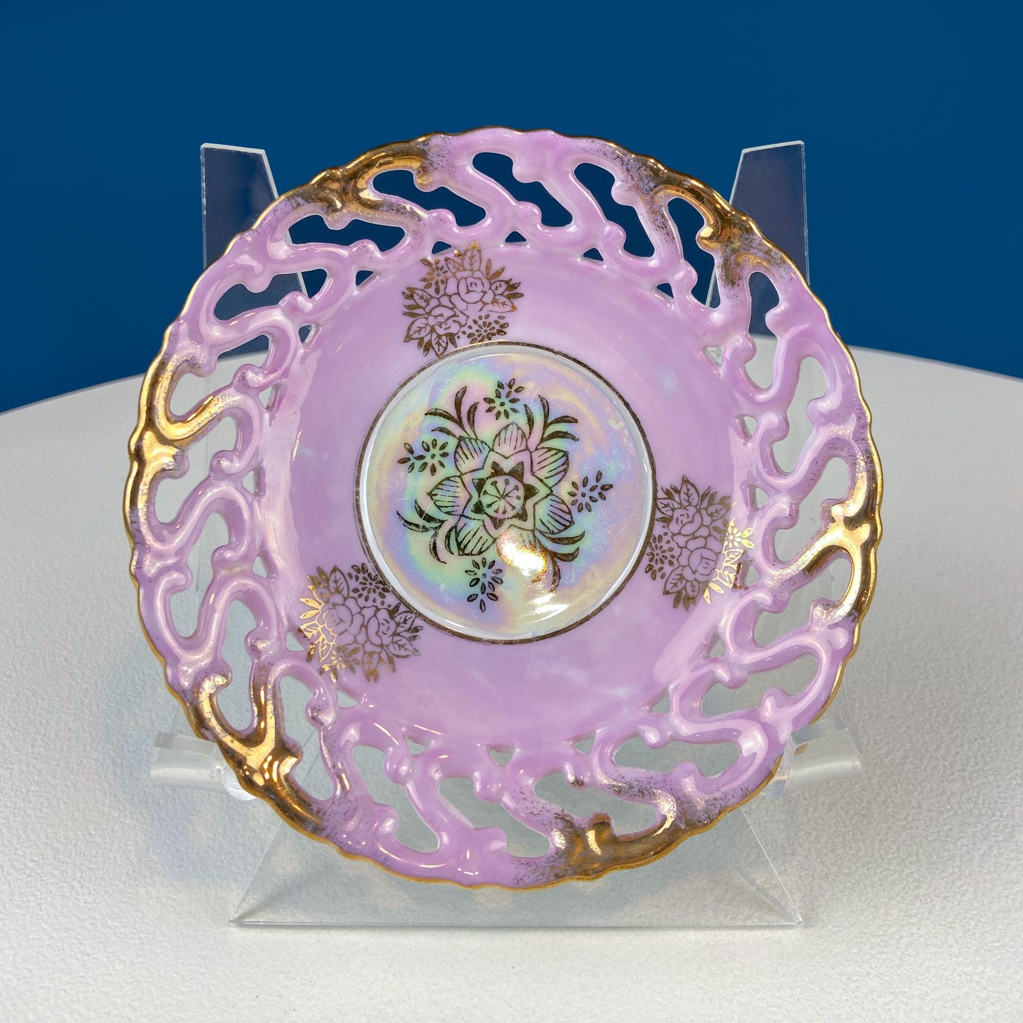Pink Collection of Vintage Saucers. Mix & Match. Set of 5 Mostly Pink Plates with Lacey Reticulated Edges. Cute Gift Idea for Her.