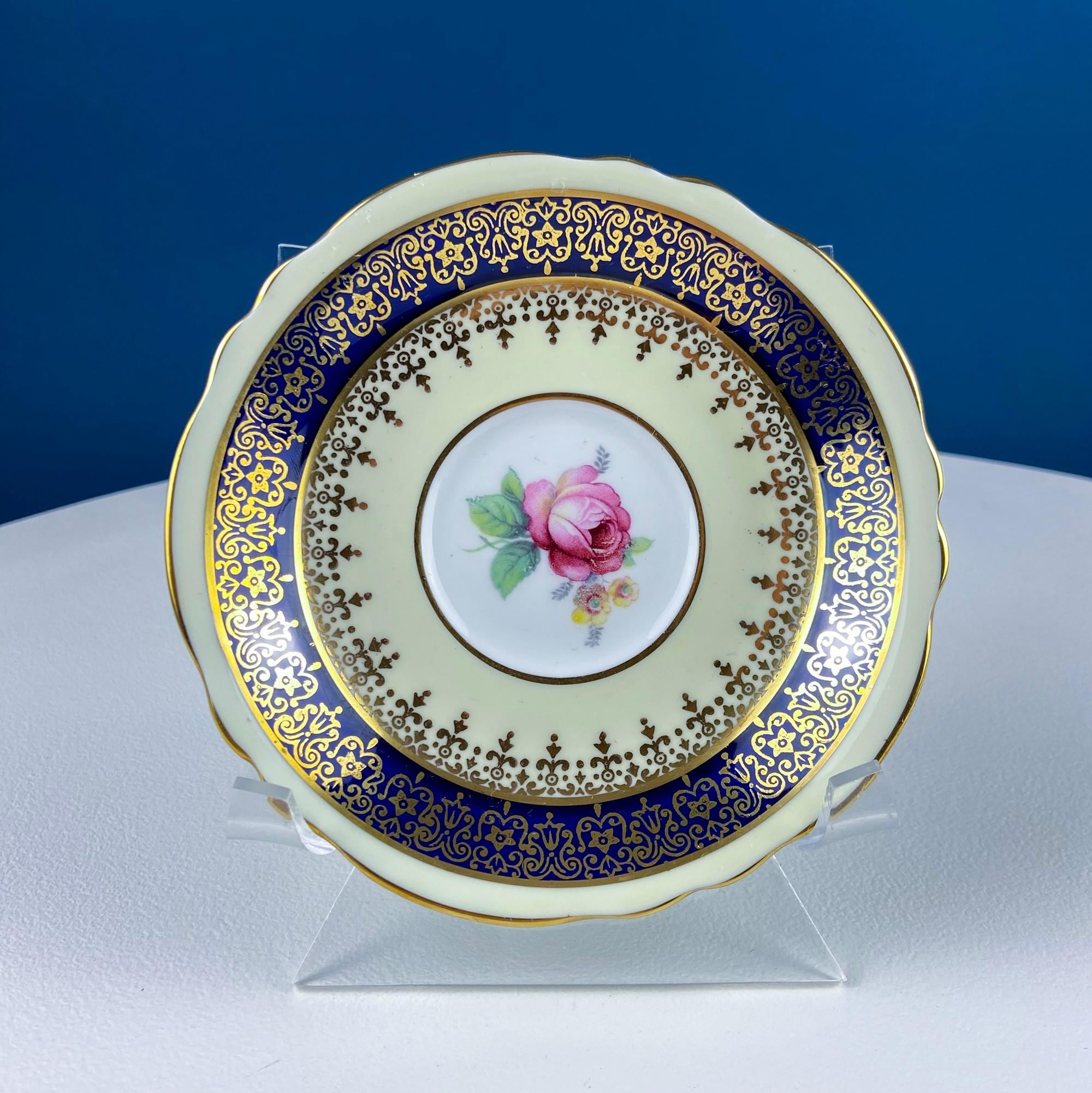 Vintage Paragon Cup and Saucer. Porcelain Tea Set. Lt Yellow with Dark Blue and Gold Bend. Rose Motif.  Excellent Gift Idea for Tea Lover.