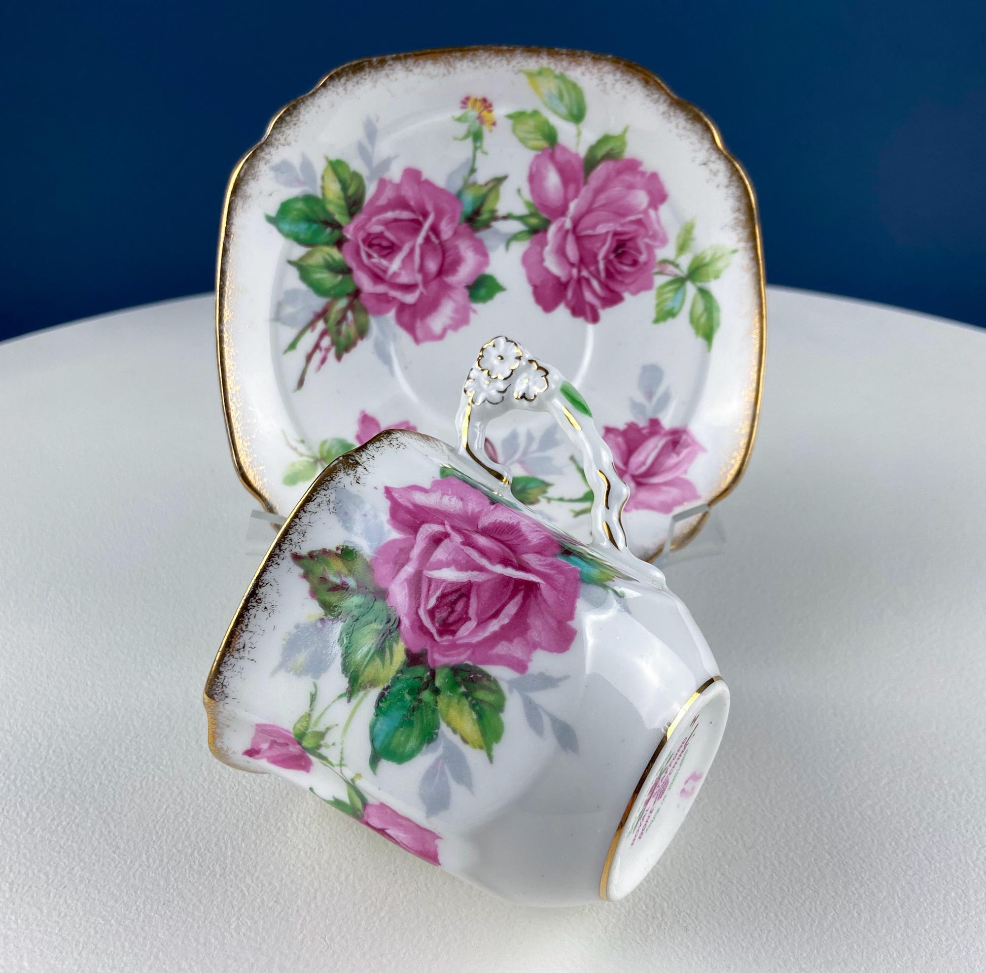 Square Tea or Coffee Cup with Bold Pink Roses and Floral Handle. Royal Stafford Berkeley Rose. Gift for a Romantic in Your Life.