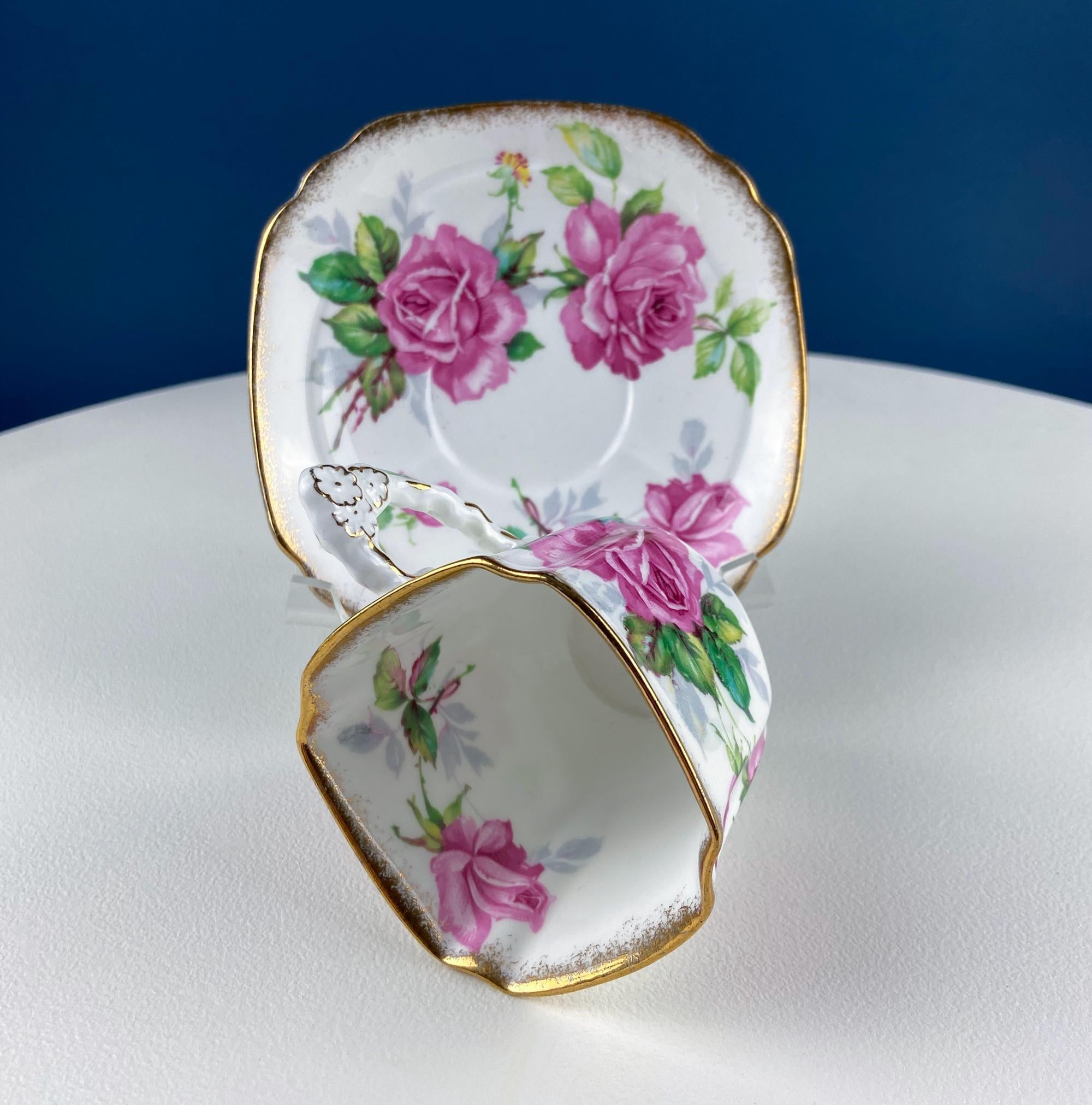 Square Tea or Coffee Cup with Bold Pink Roses and Floral Handle. Royal Stafford Berkeley Rose. Gift for a Romantic in Your Life.