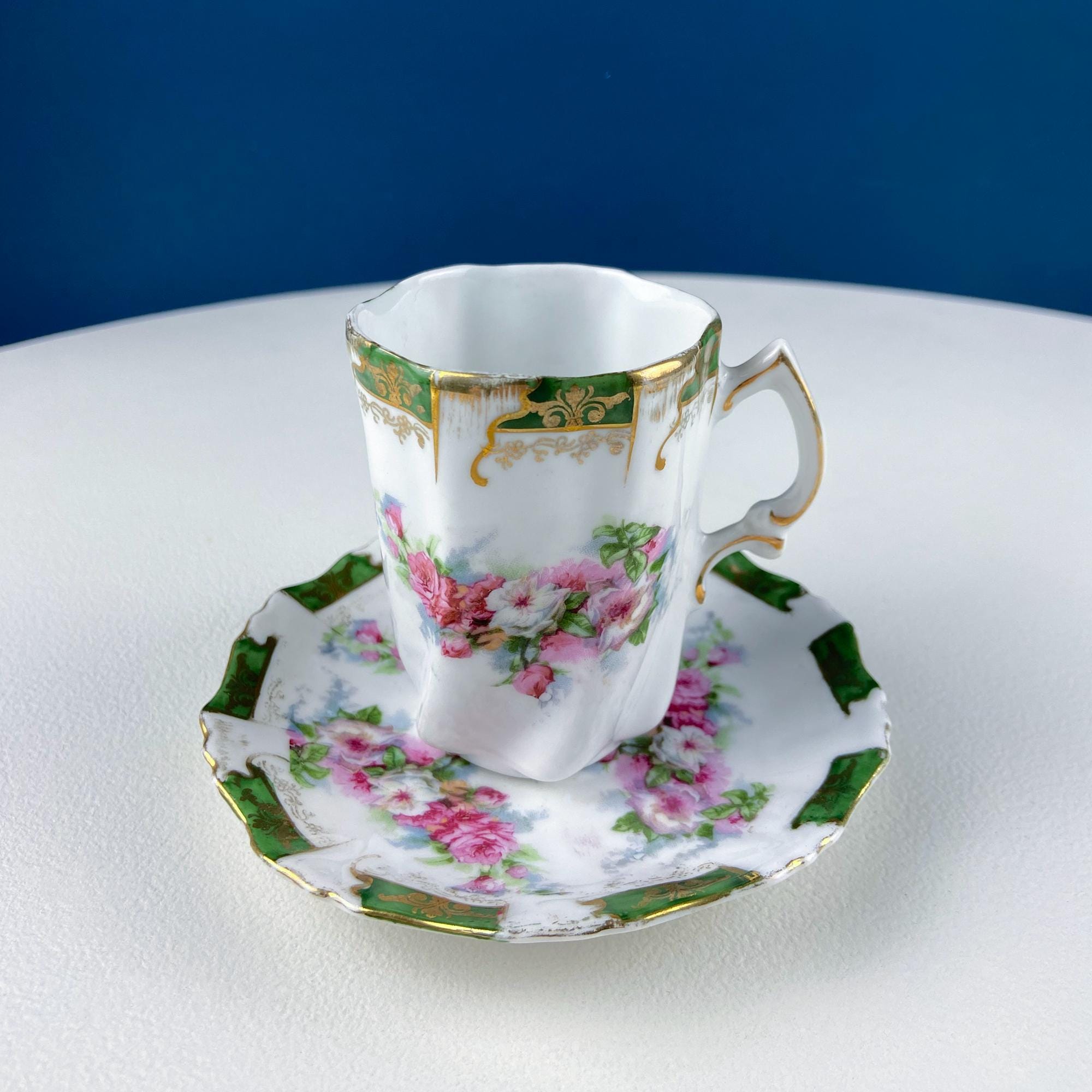 Antique Hot Chocolate or Coco Serving Set. Wild Roses Motif. Oval Hand-Painted Tray & Five Matching Cups. Anniversary Gift. Gift for Mom.