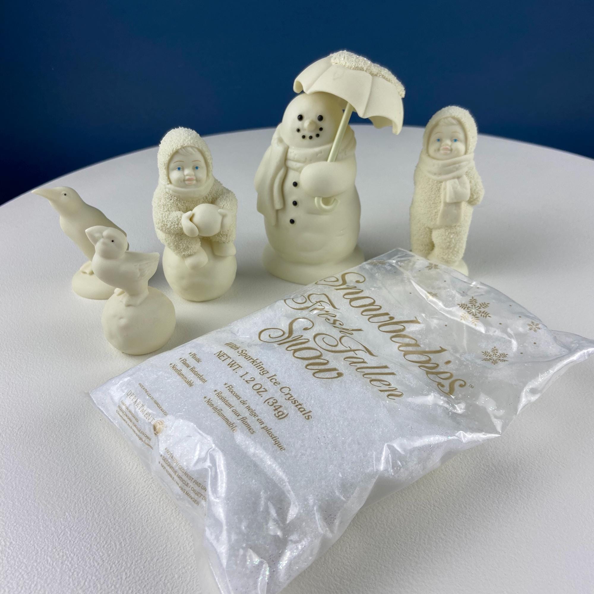 Snowbabies Playing with Snowman & Birds. "Jolly Friends Forevermore" by Dept. 56. White Porcelain Figurines Celebrating Friendship. Kids Rm.