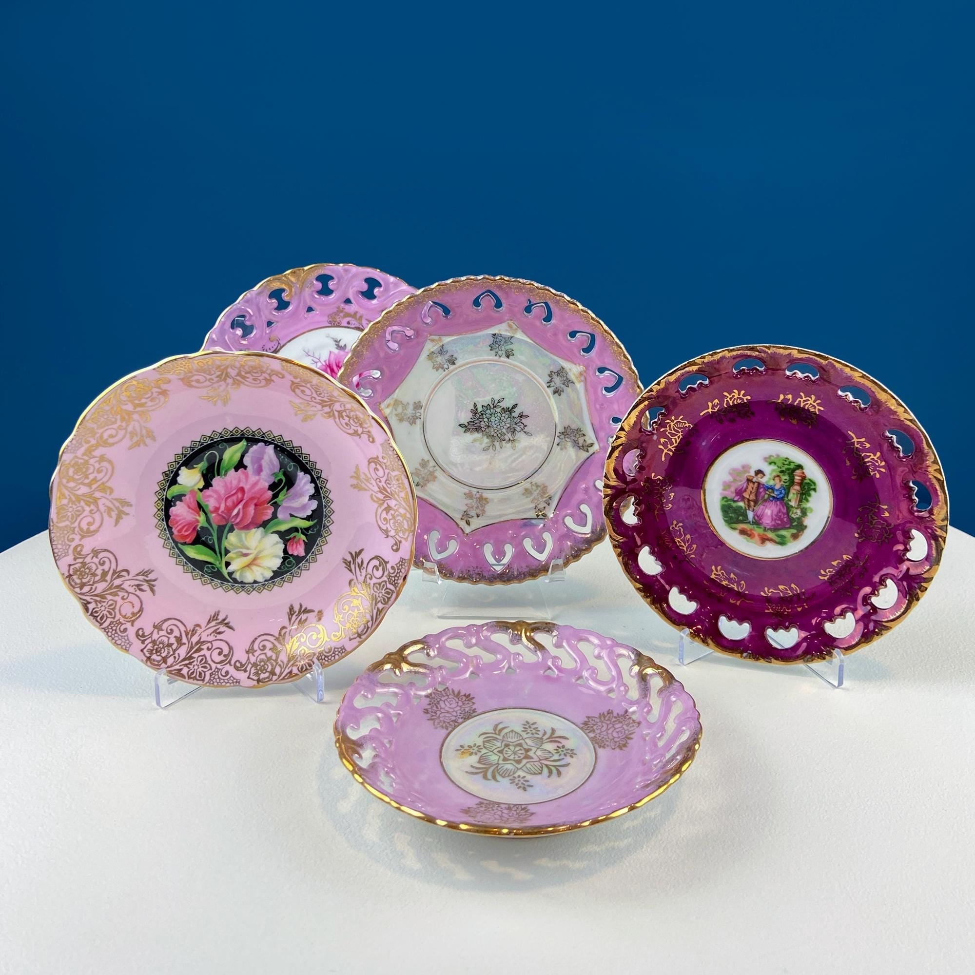 Pink Collection of Vintage Saucers. Mix & Match. Set of 5 Mostly Pink Plates with Lacey Reticulated Edges. Cute Gift Idea for Her.