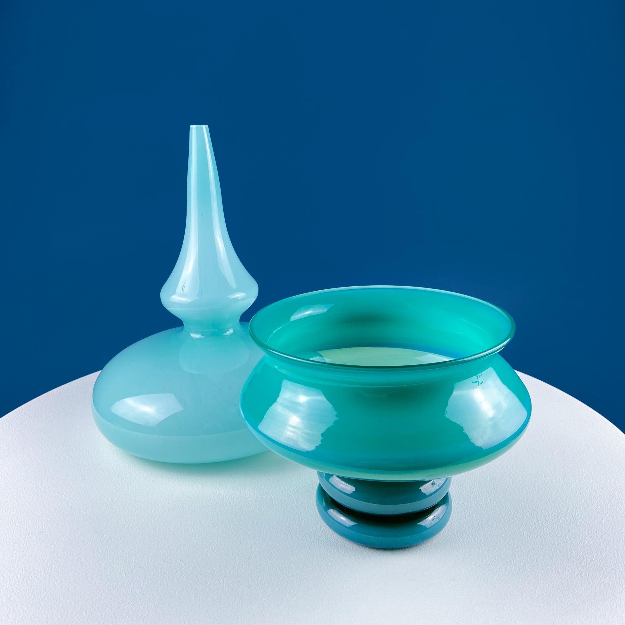 Set of 2 Modern Aqua Blue Geometrical Vases Ornamental Art Glass. Home Office or Retail Decor. Interior Design Ideas. Gift for Him or Her.