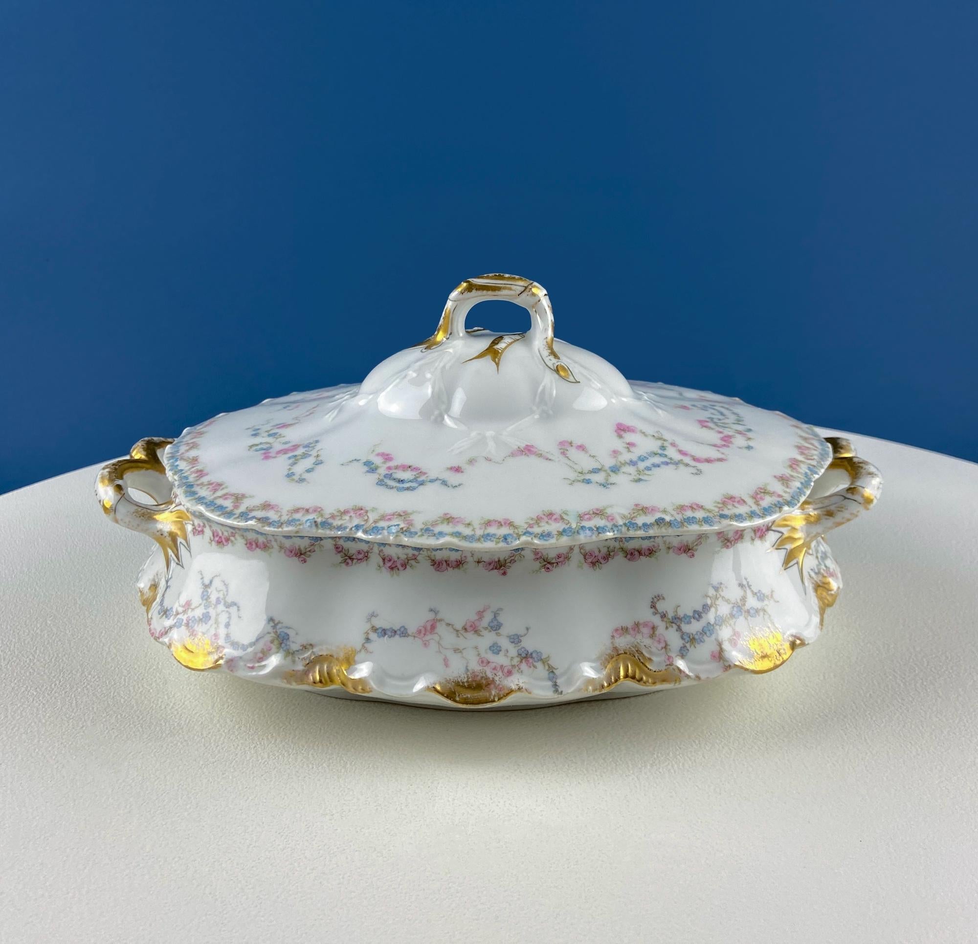 Antique Limoges Breakfast Lunch Dish Set for 8. Floral Motif: Forget-me-Nots Tea Roses. French Country Living. Dining Tea Room Decor.