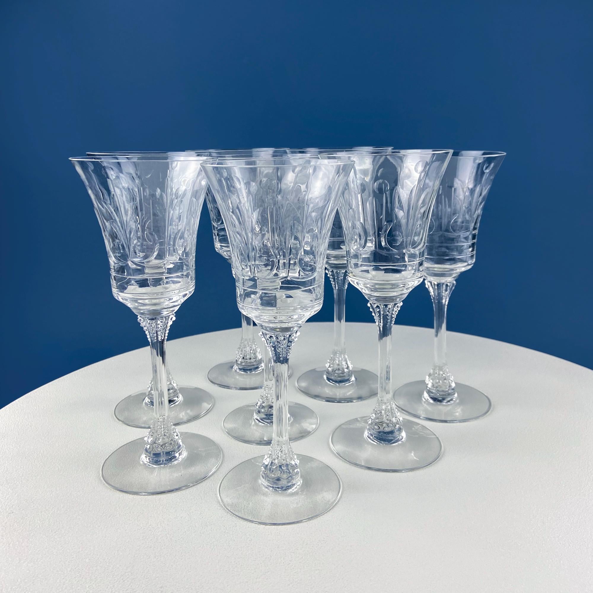 Vintage Heisey Danish Princess Cut Crystal Wine or Water Goblets. Set of 8 Stemware. Beautiful Shimmer & Ping. Wedding Gift. Housewarming.