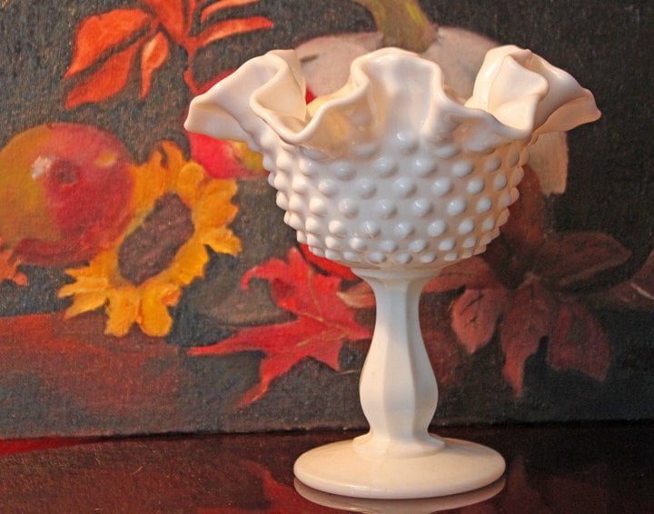 Fenton Milk Glass Compote, Hobnail Scalloped Ruffle Bowl