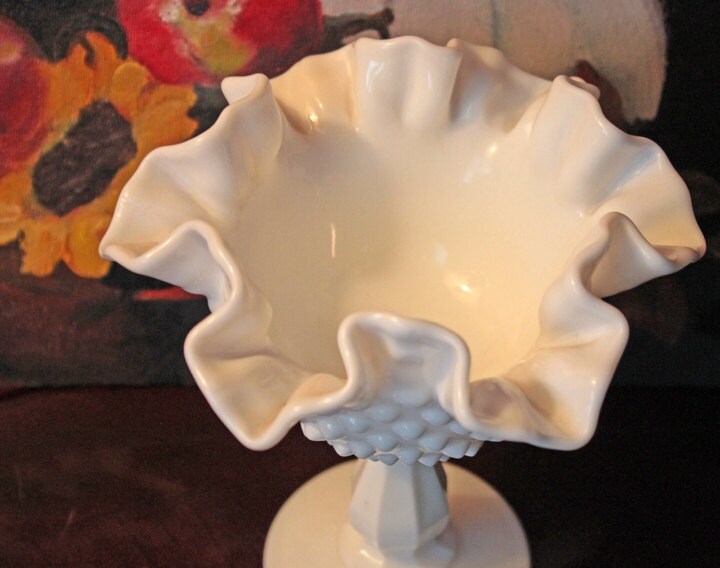 Fenton Milk Glass Compote, Hobnail Scalloped Ruffle Bowl
